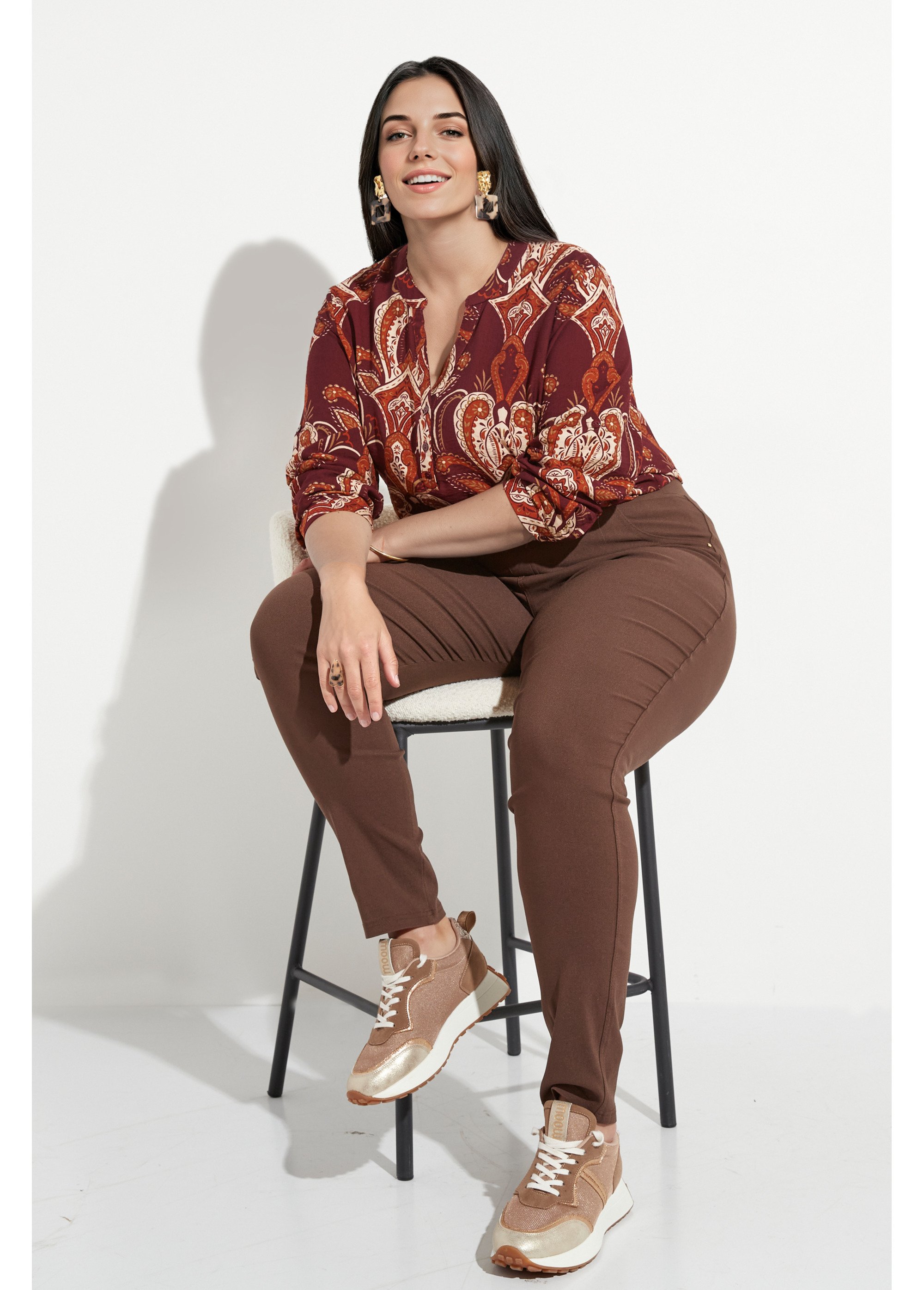 Pantalon extensible taille élastiquée Femme Grande Taille Marron CHY-6502 MV1