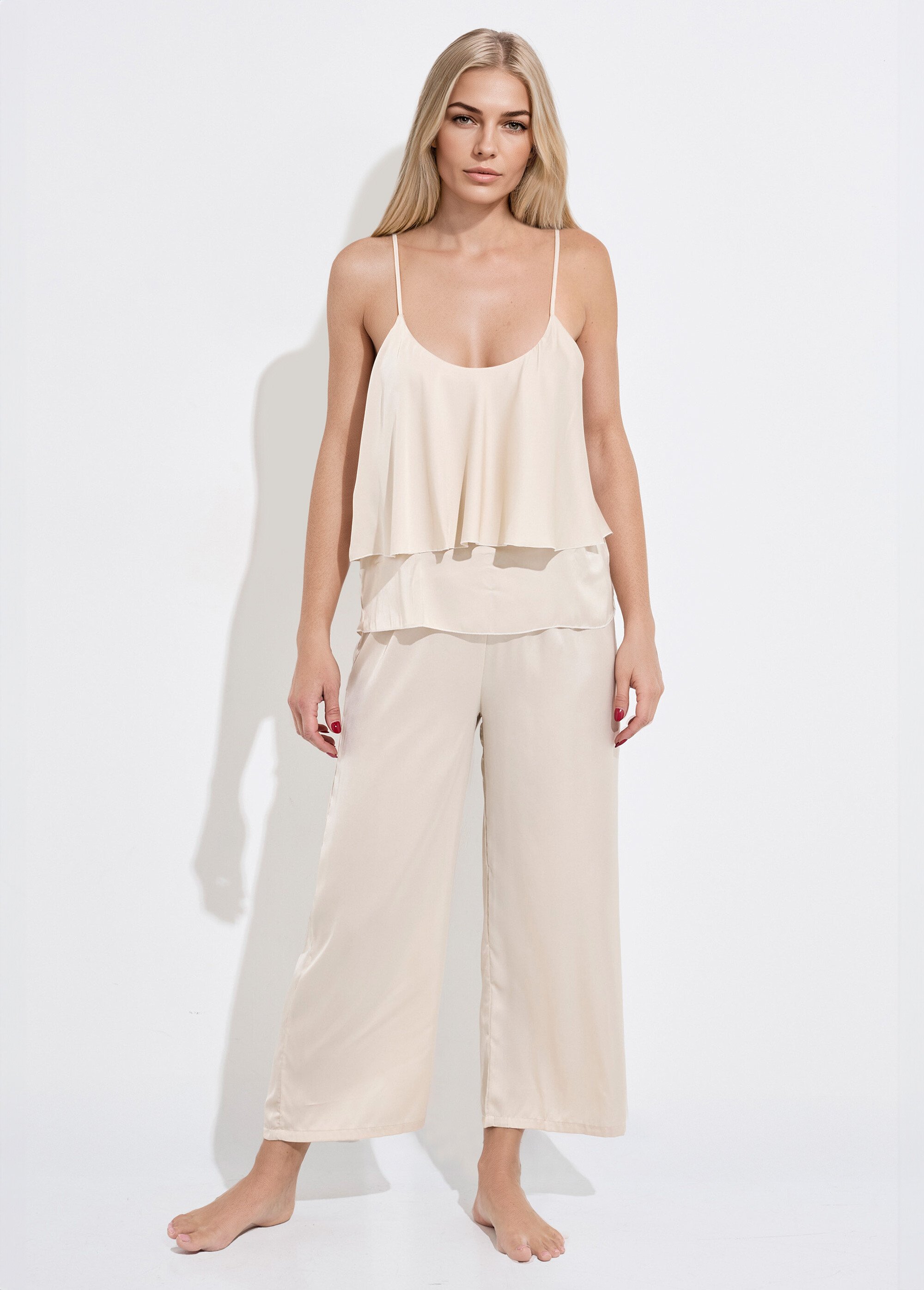 Pyjama long en satin avec caraco Femme Beige SUNPJ-363 FA1