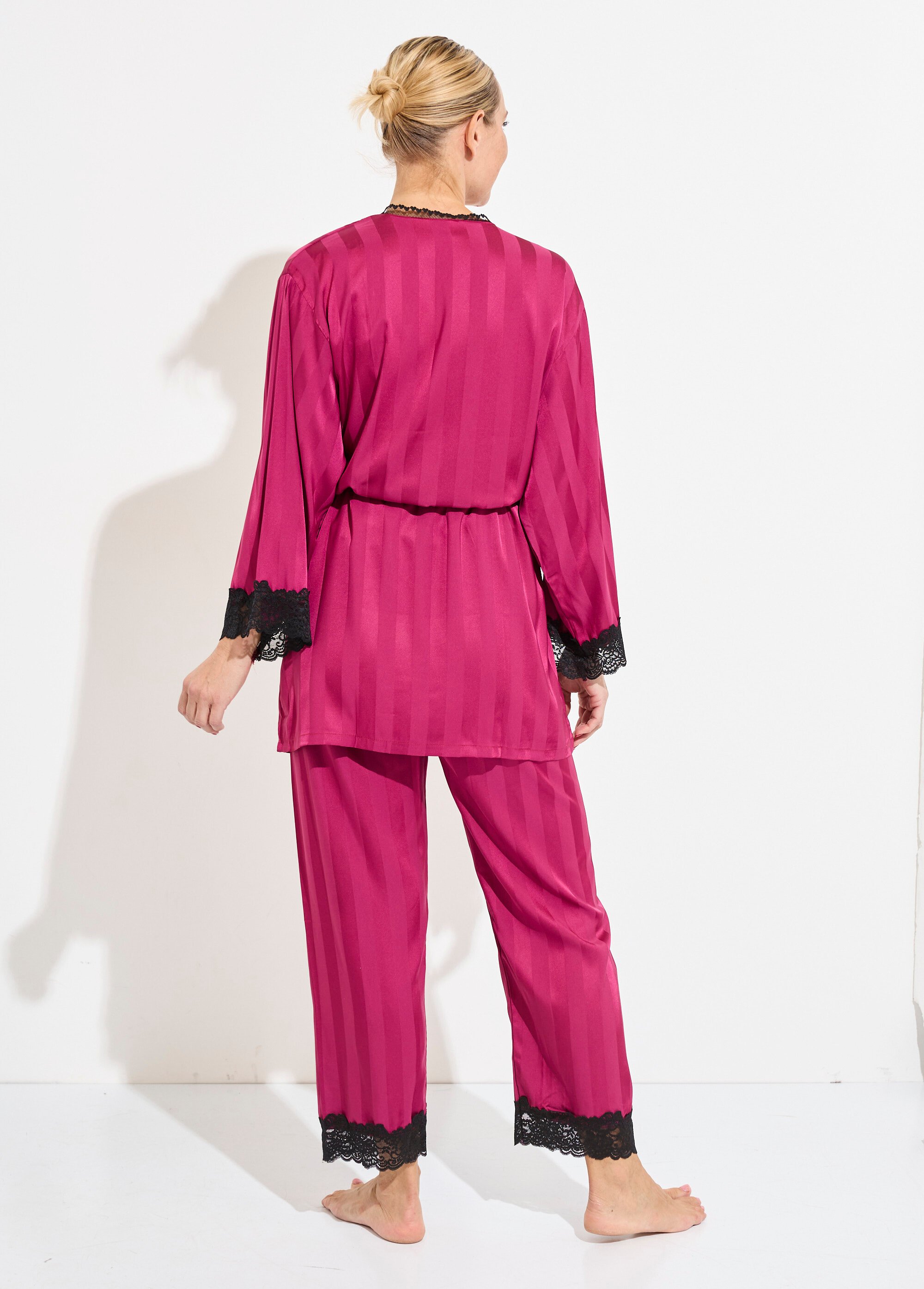 Pyjama long satin caraco + déshabillé Femme Rose SUNPJ-1720 DO1