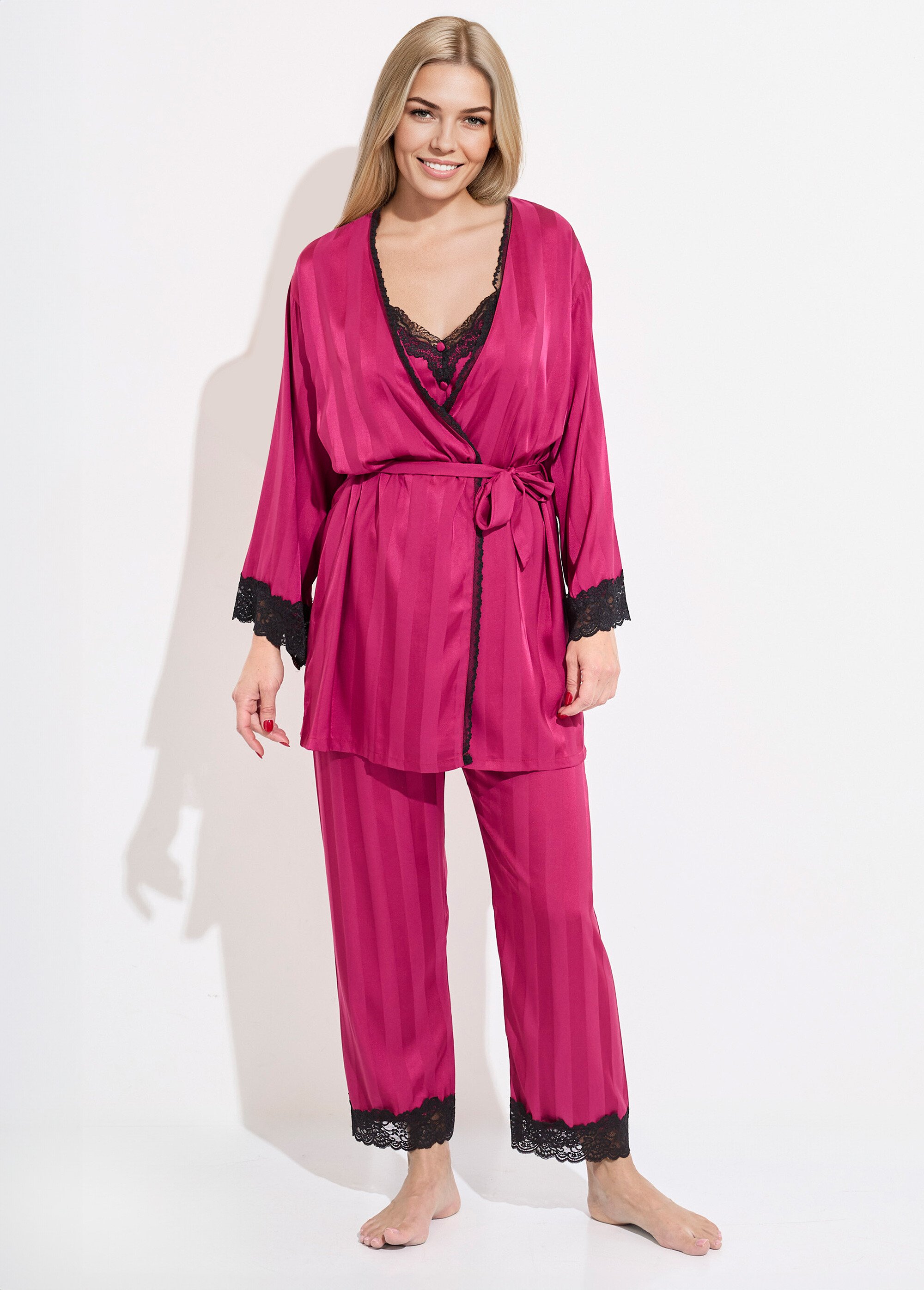 Pyjama long satin caraco + déshabillé Femme Rose SUNPJ-1720 FA1