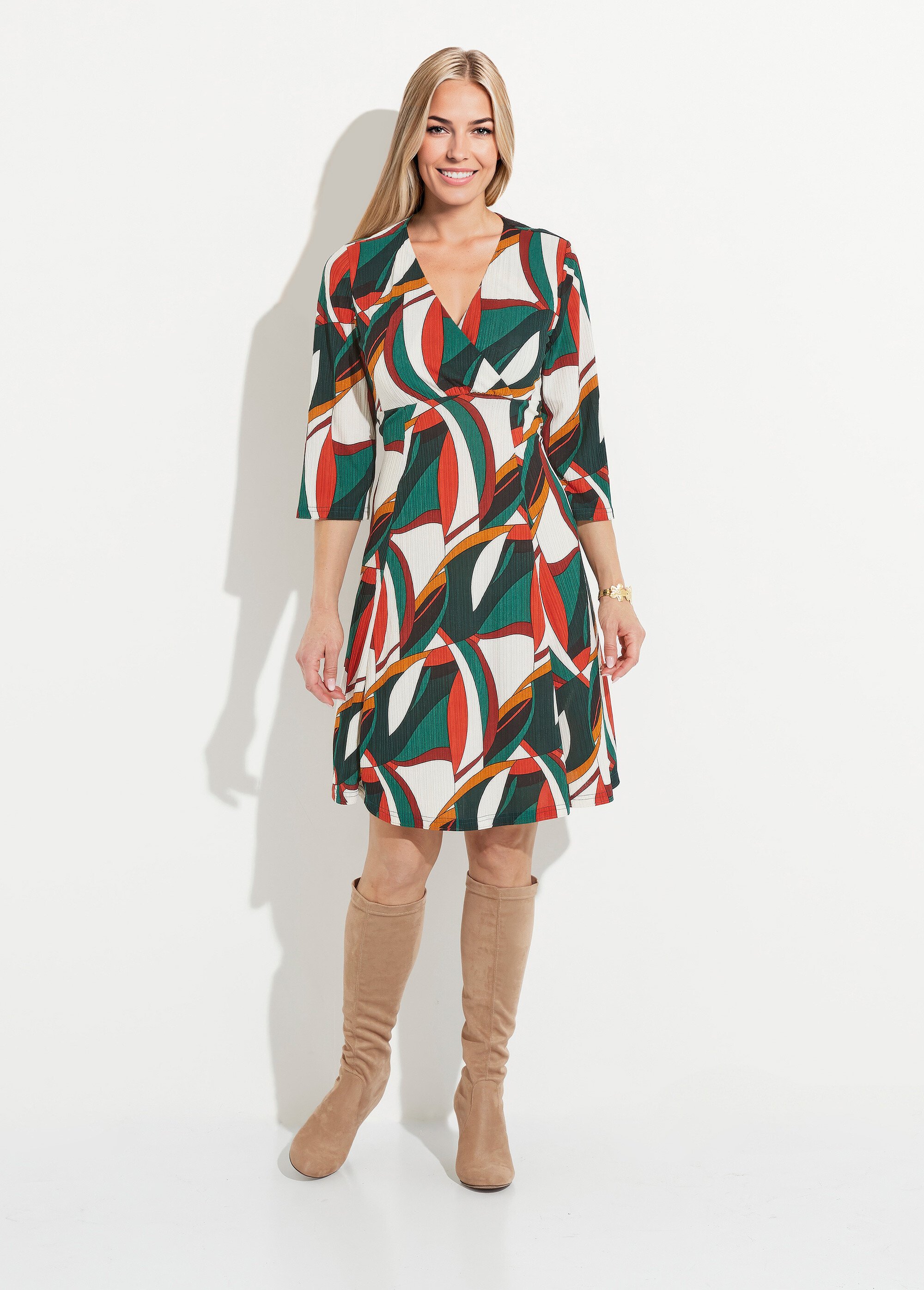 Robe cache-coeur courte imprimé graphique multicolore Femme Vert HADELE FA1