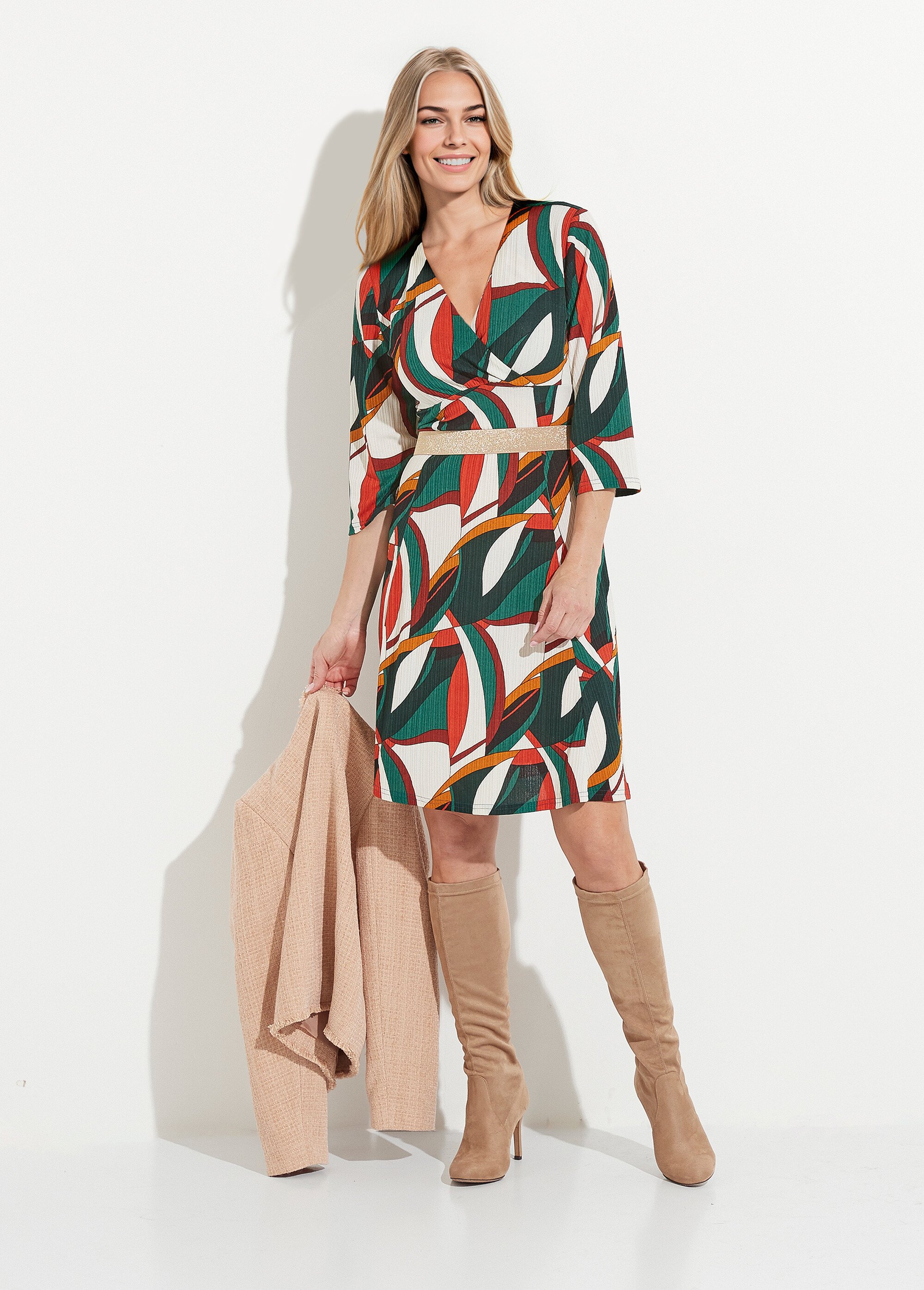 Robe cache-coeur courte imprimé graphique multicolore Femme Vert HADELE MV1