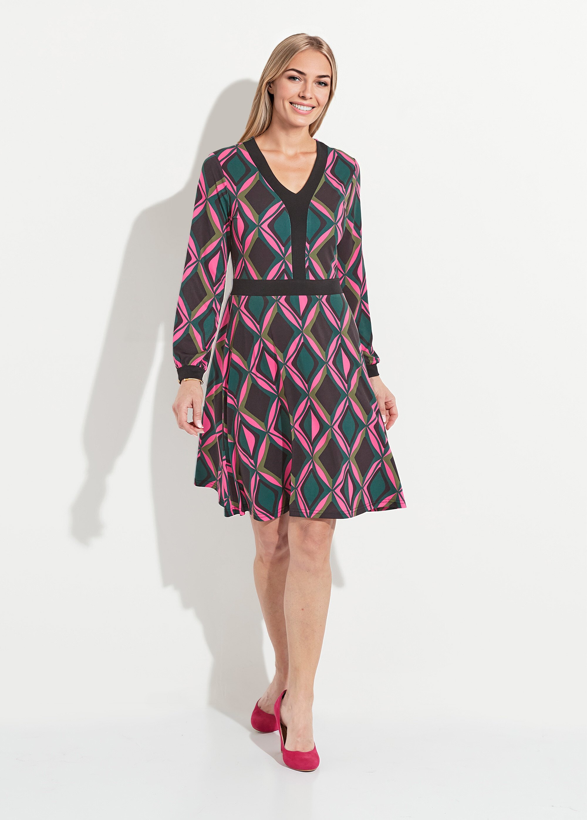 Robe évasée courte graphique col V Femme Rose HORLANE FA1