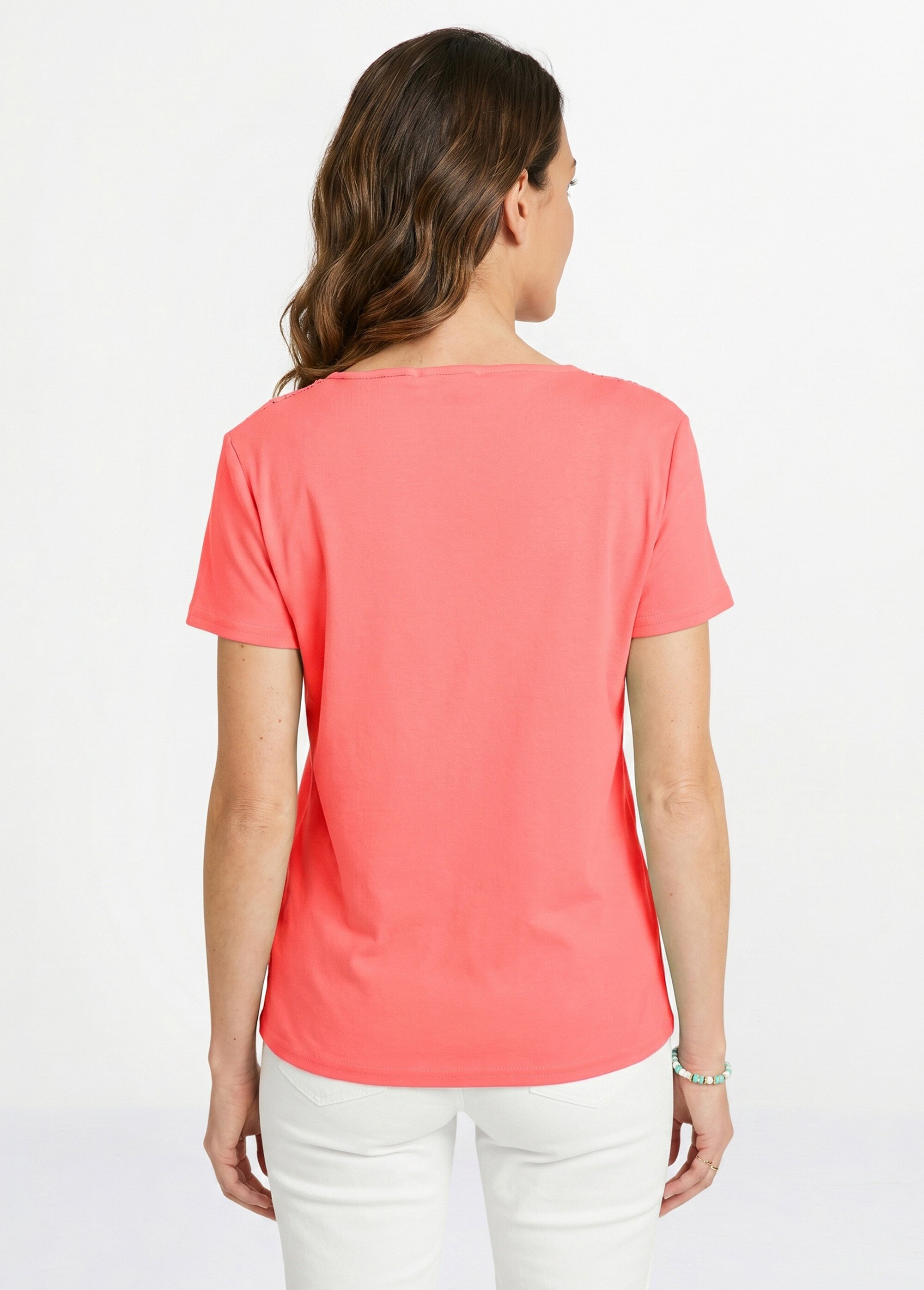 T-shirt macramé coton uni manches courtes Femme Rose CELKA DO1