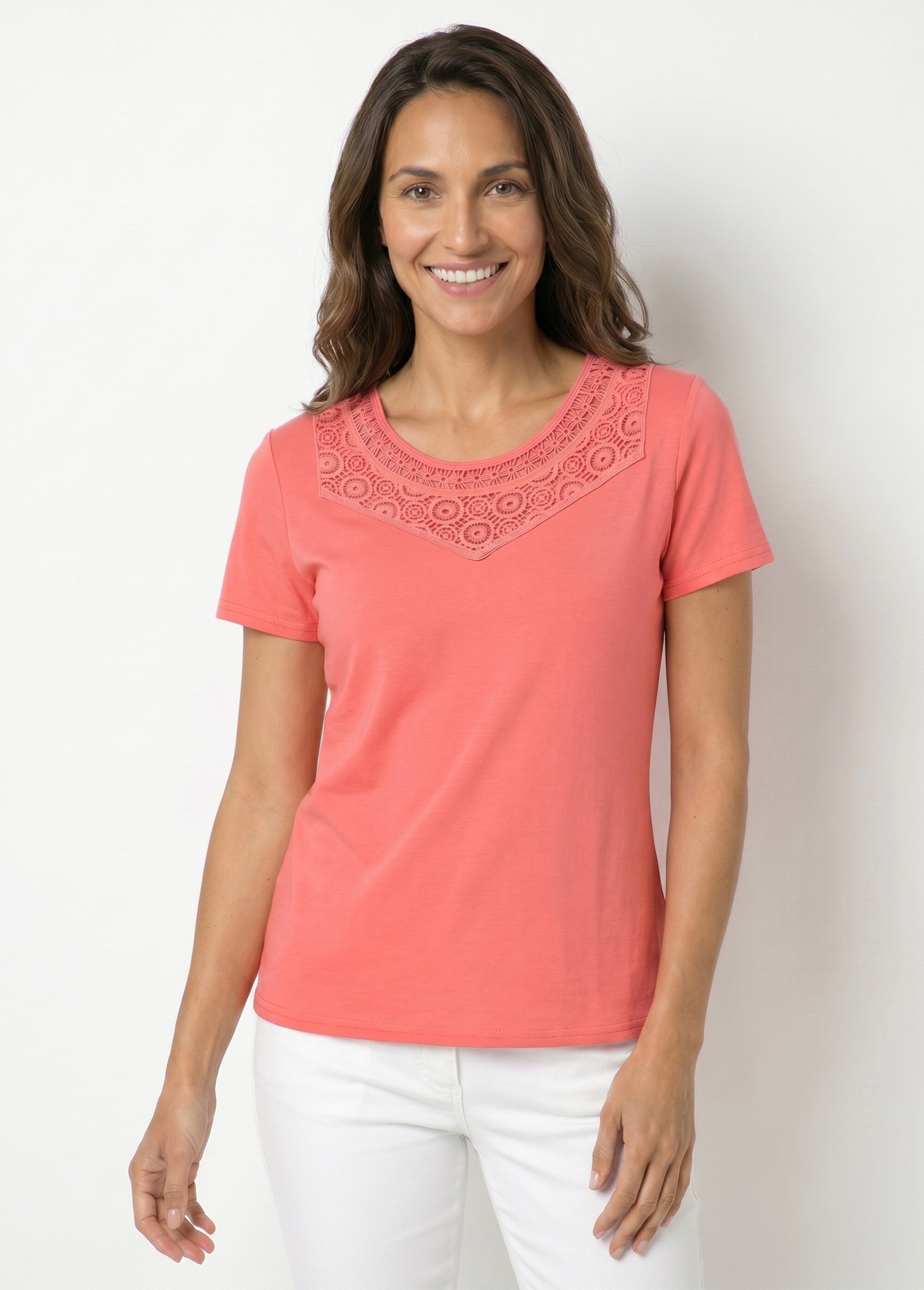 T-shirt macramé coton uni manches courtes Femme Rose CELKA FA1