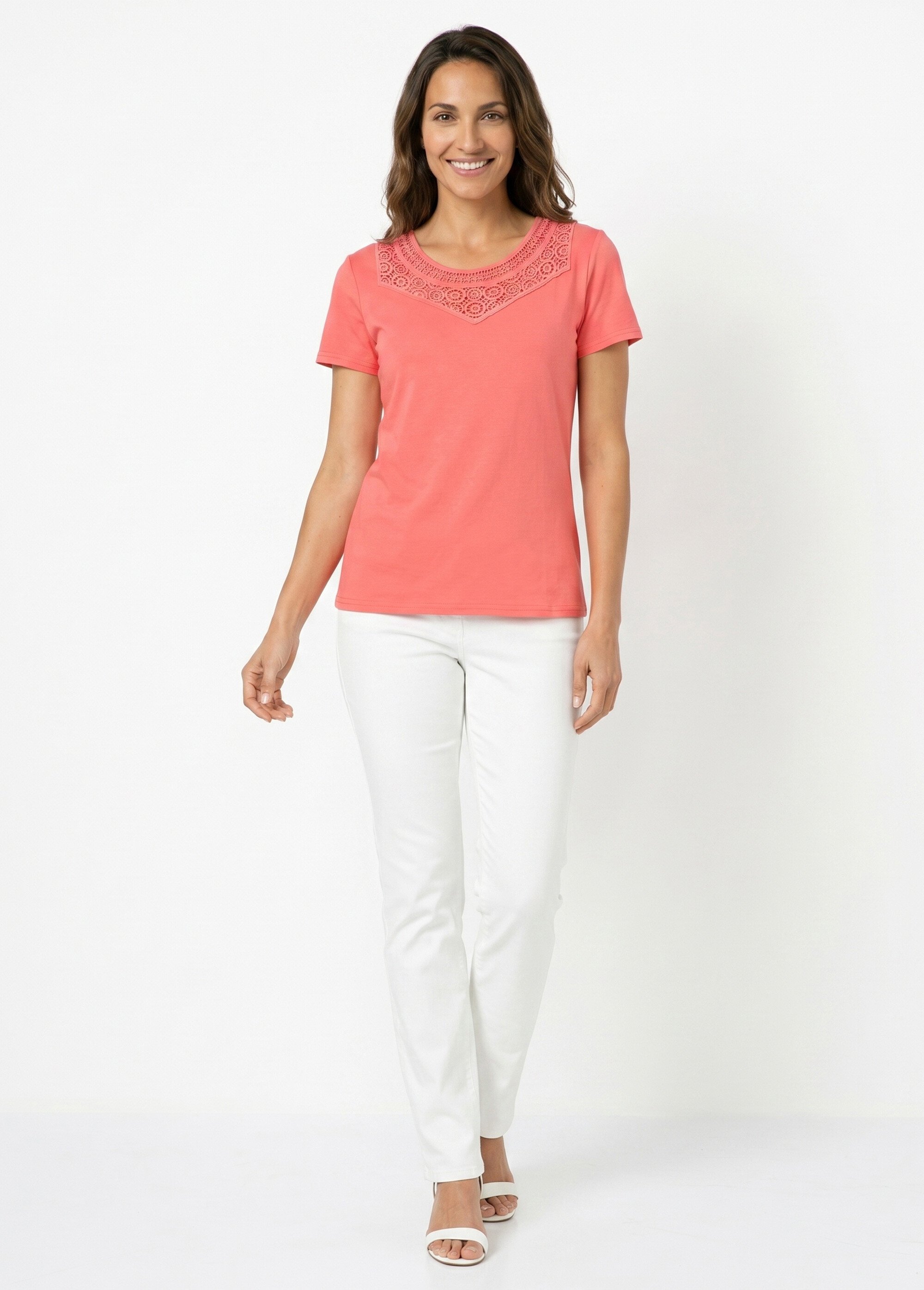 T-shirt macramé coton uni manches courtes Femme Rose CELKA SI1