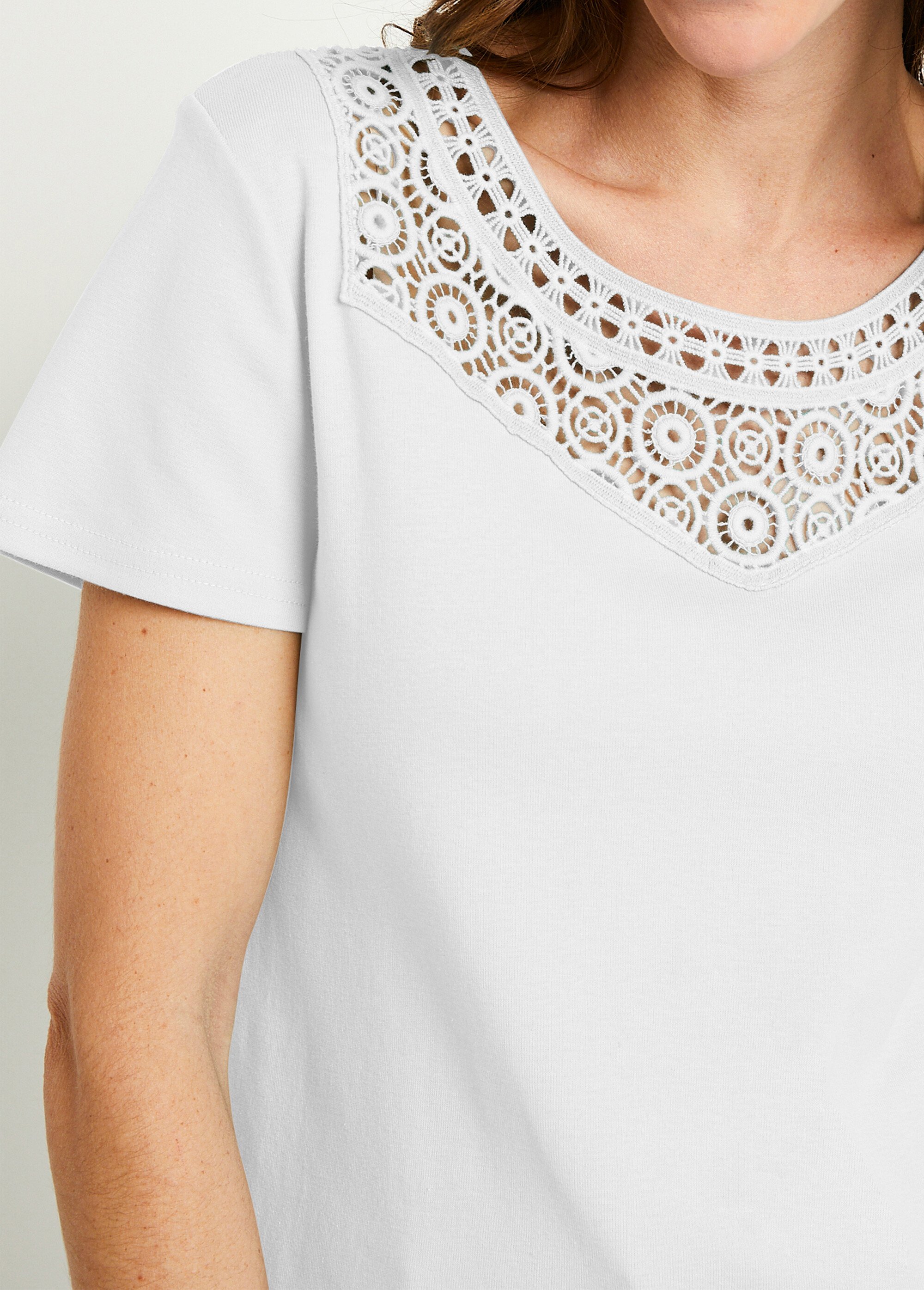 T-shirt macramé coton uni manches courtes Femme Blanc CELKA DE1