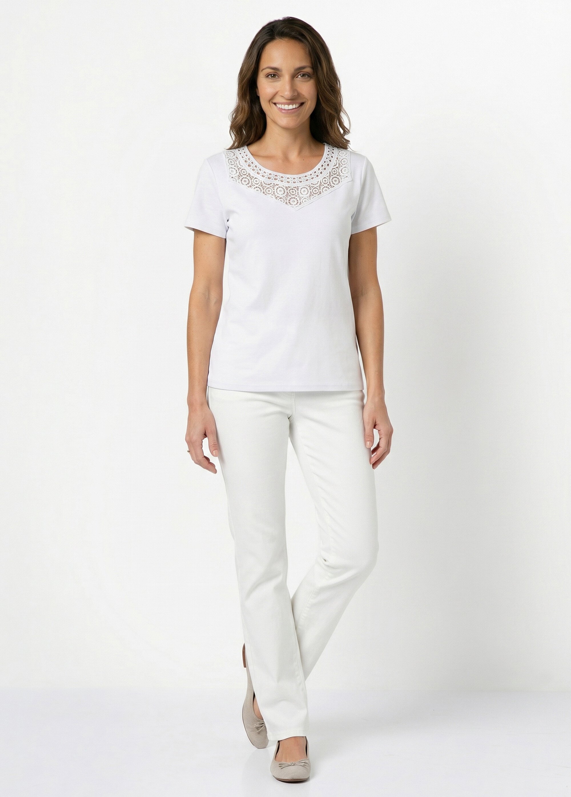 T-shirt macramé coton uni manches courtes Femme Blanc CELKA SI1