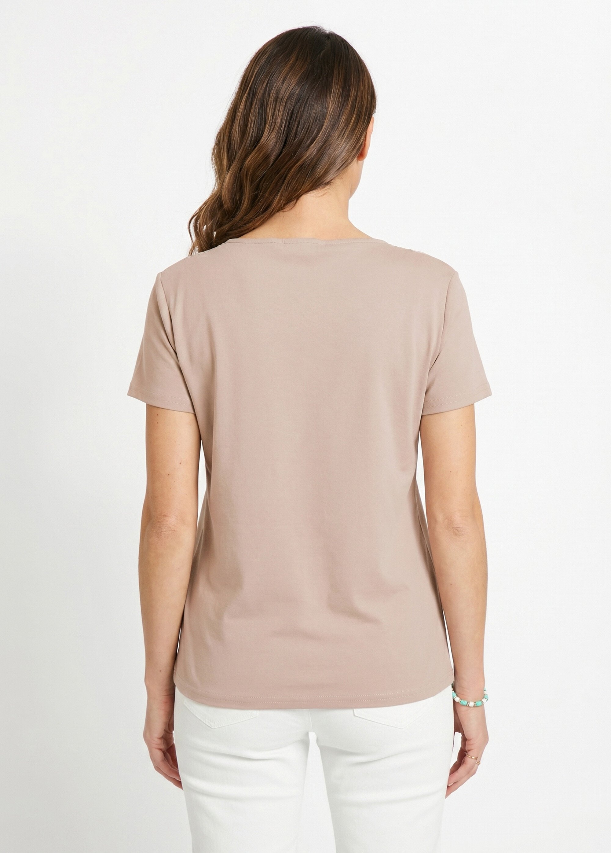 T-shirt macramé coton uni manches courtes Femme Beige CELKA DO1
