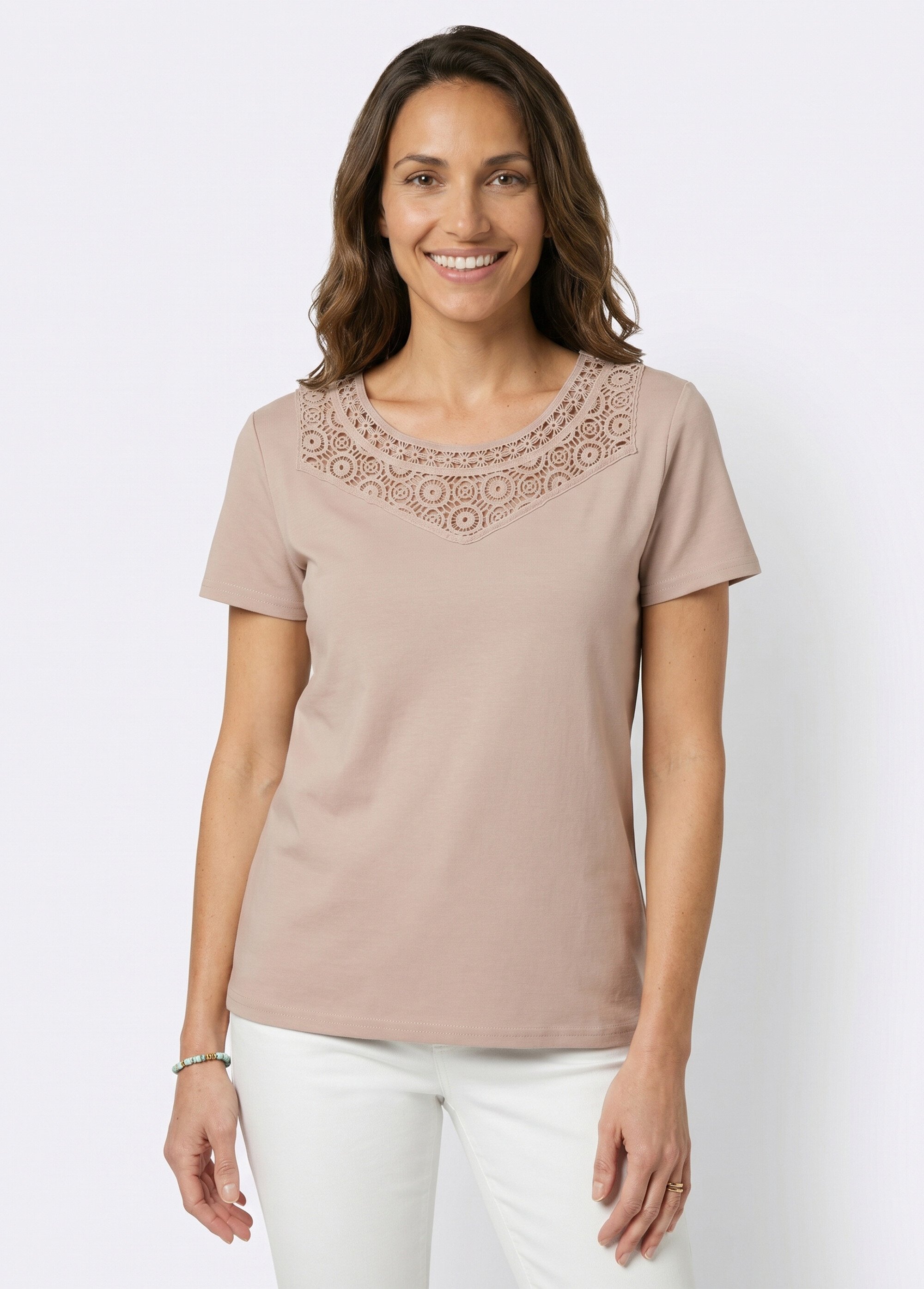 T-shirt macramé coton uni manches courtes Femme Beige CELKA FA1