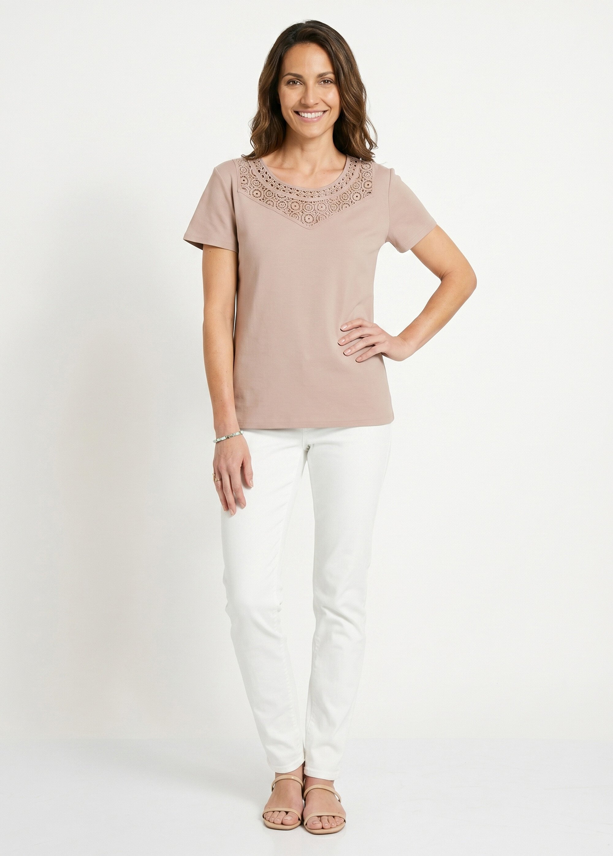 T-shirt macramé coton uni manches courtes Femme Beige CELKA SI1