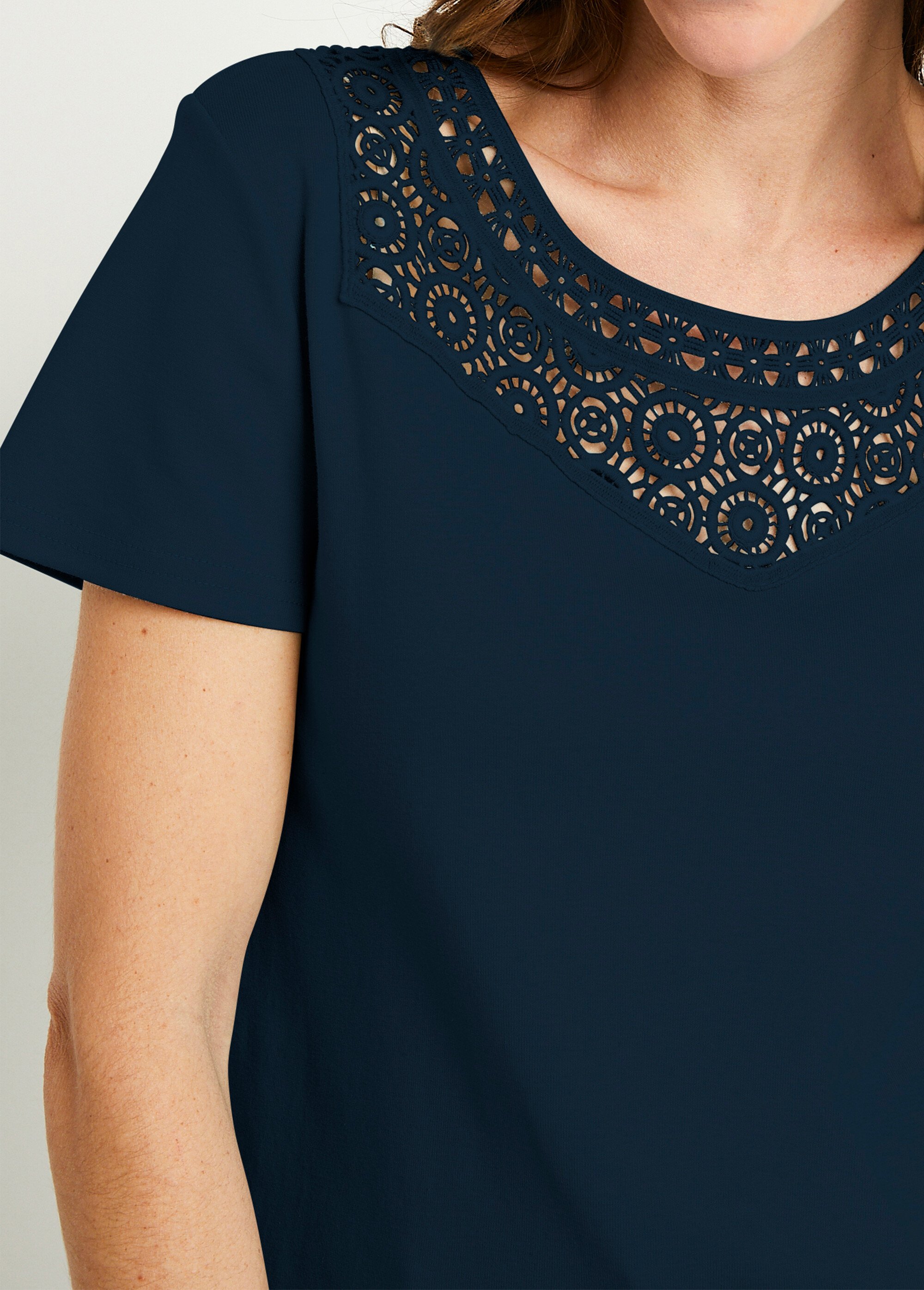 T-shirt macramé coton uni manches courtes Femme Bleu CELKA DE1