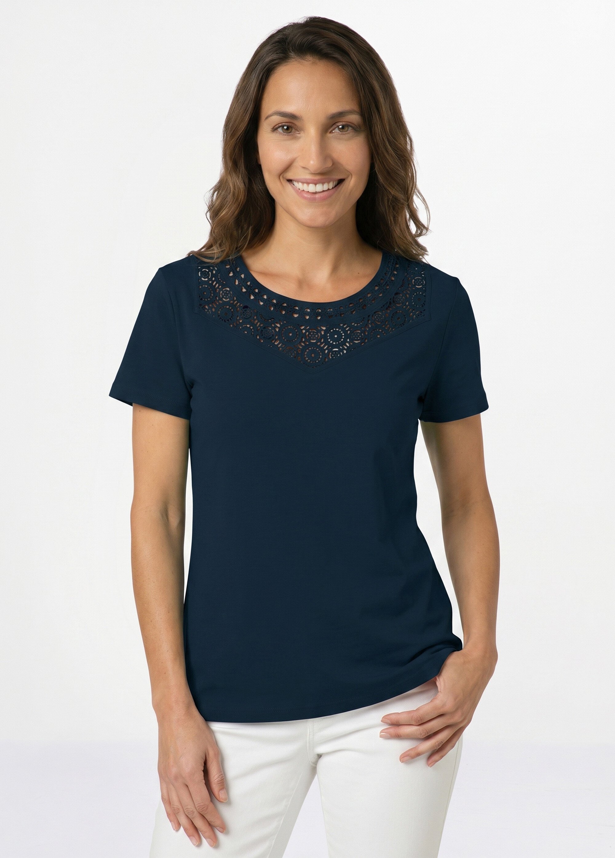 T-shirt macramé coton uni manches courtes Femme Bleu CELKA FA1