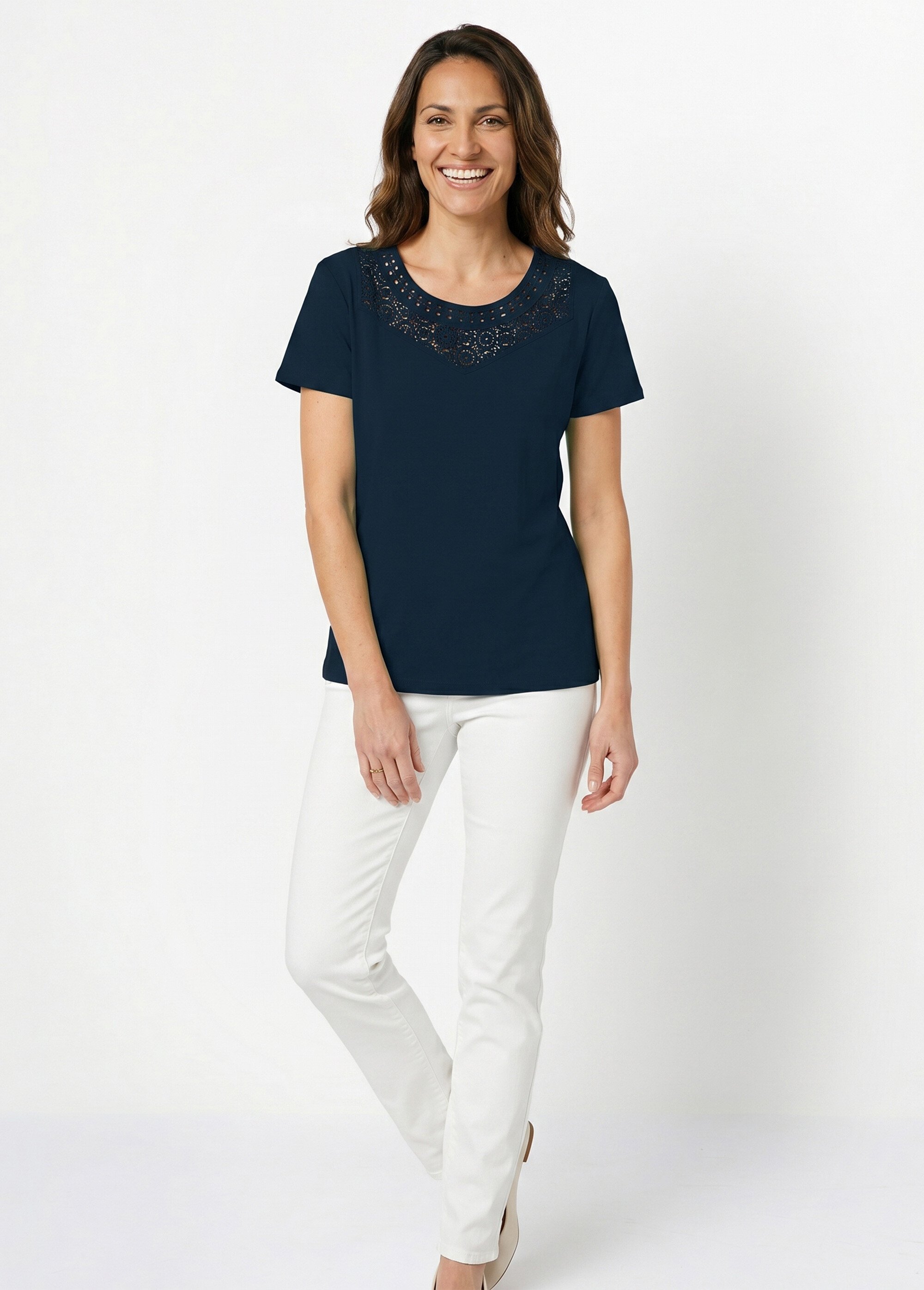 T-shirt macramé coton uni manches courtes Femme Bleu CELKA SI1