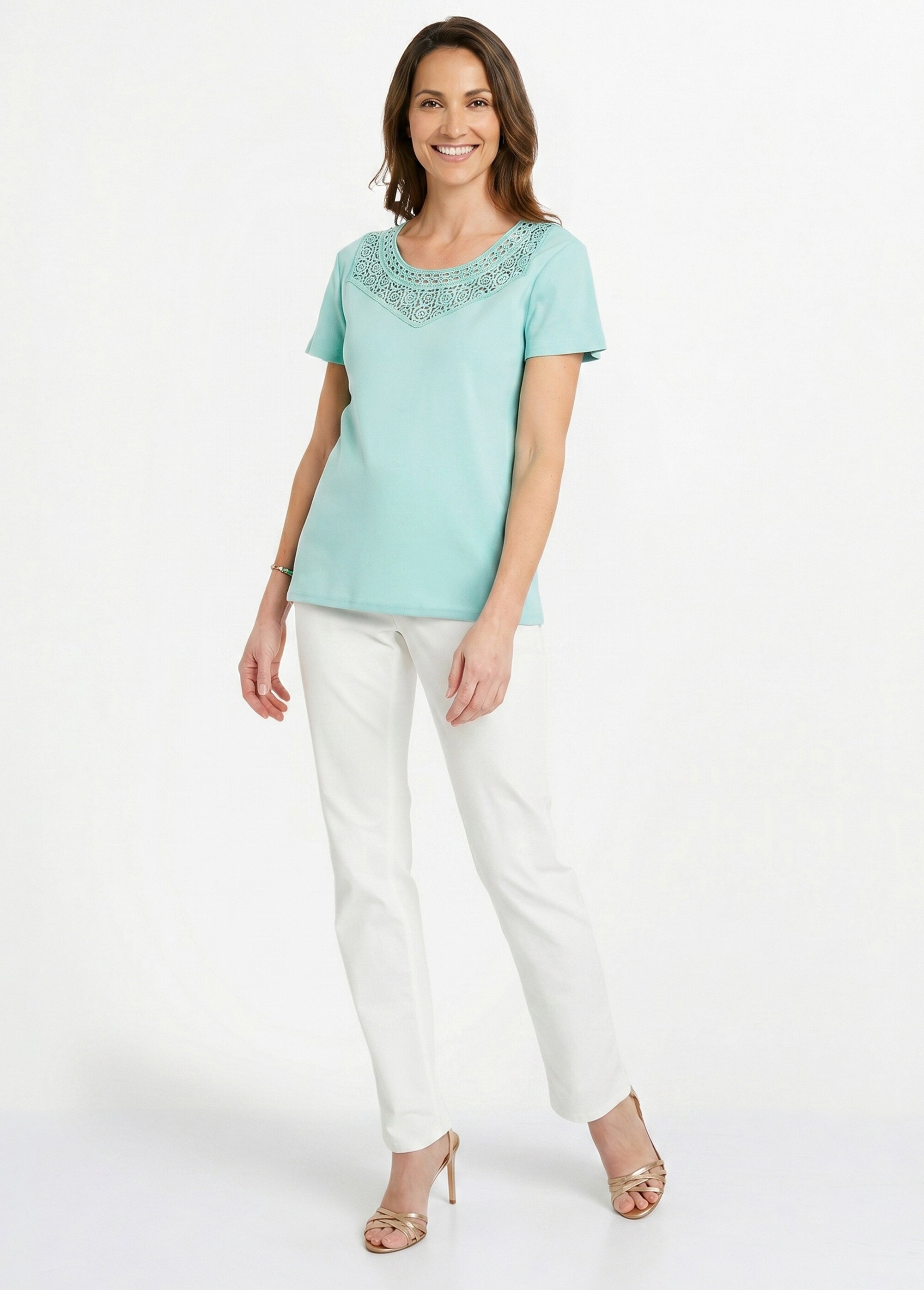 T-shirt macramé coton uni manches courtes Femme Vert CELKA SI1