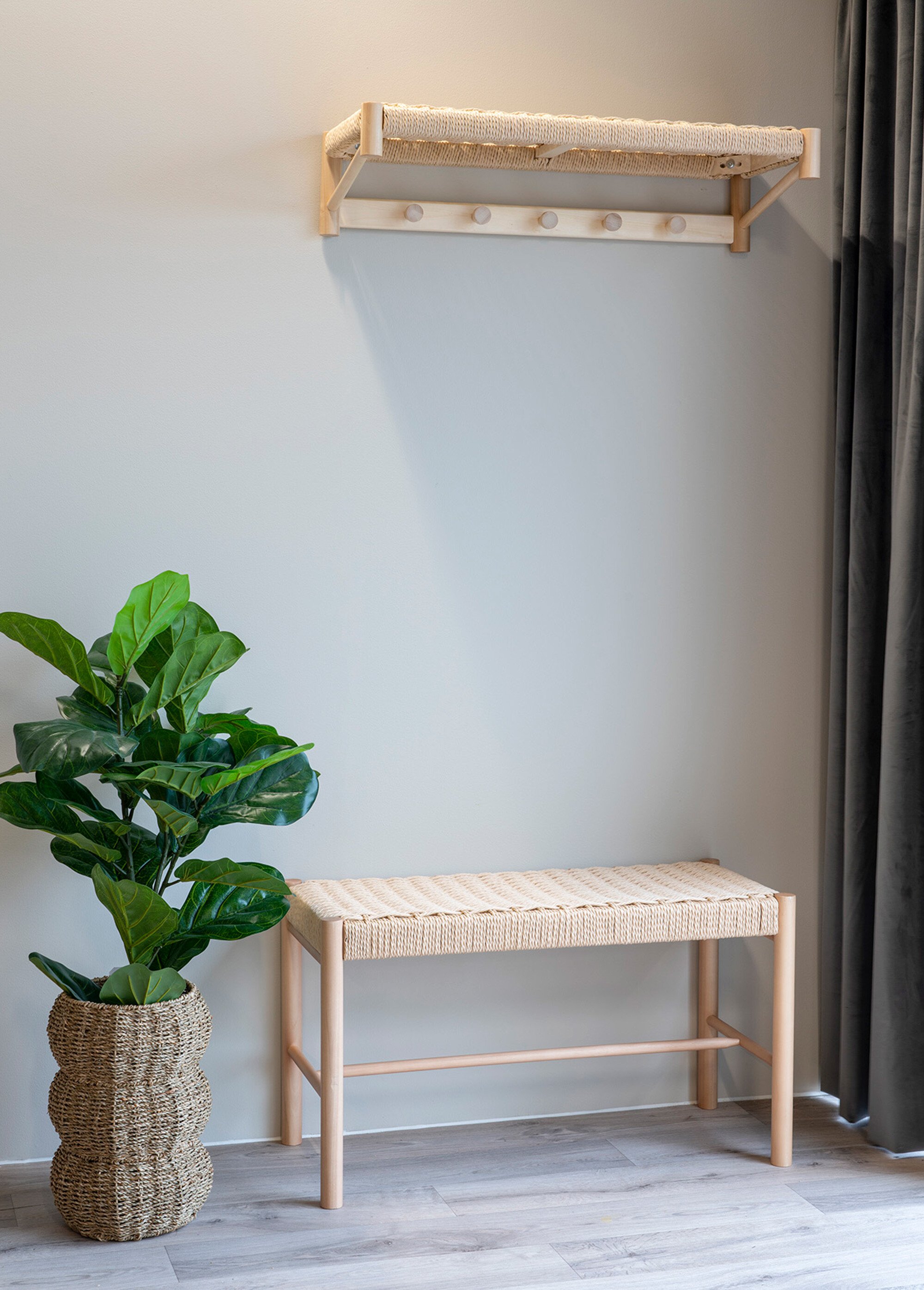 Banc en bois de peuplier, assise osier BEIGE HN-1409080 SI1