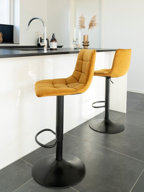 Chaise de bar matelassée en velours 1J JAUNE MOUTARDE HN-1001303 SI1