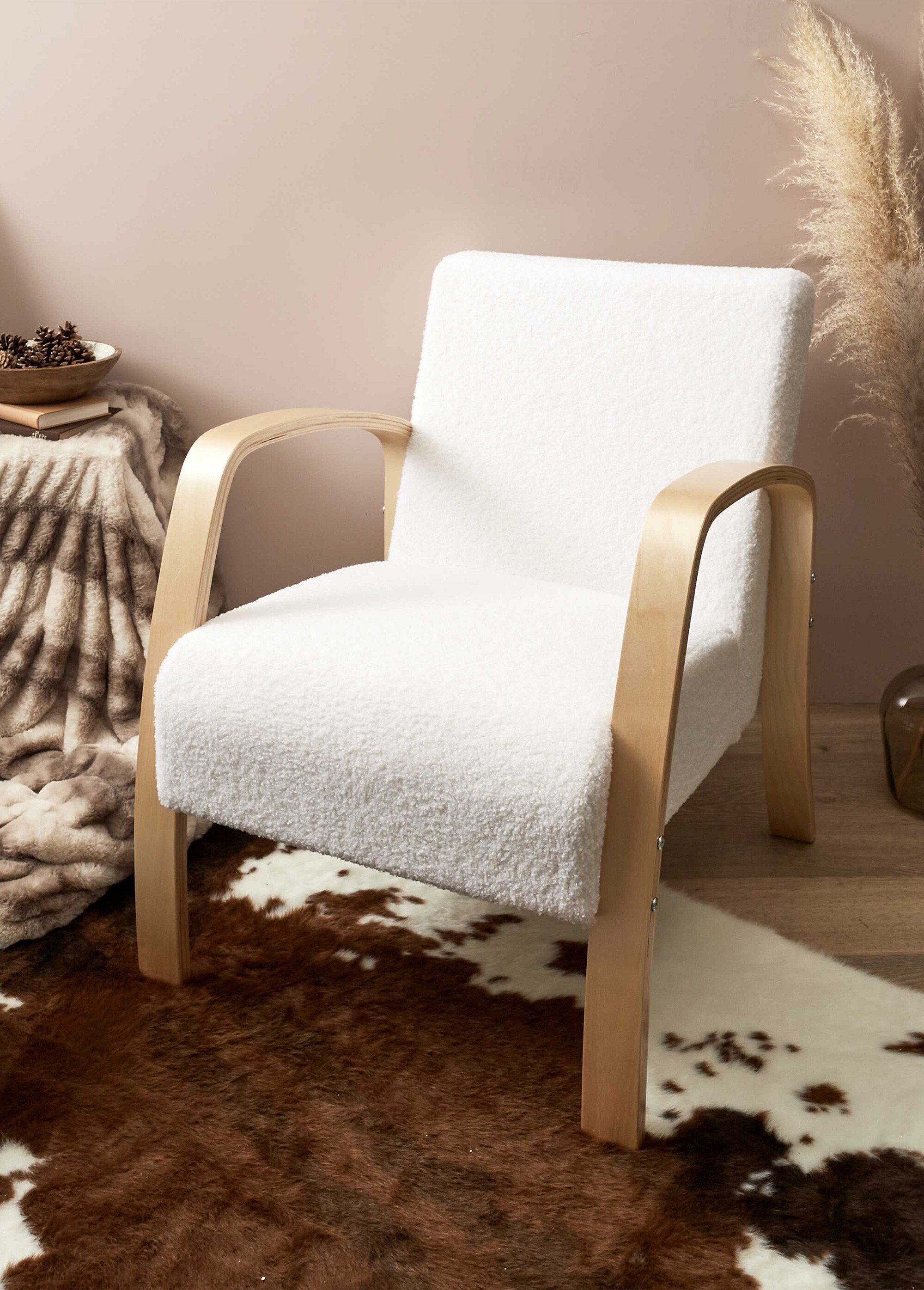 Fauteuil bouclette accoudoirs bois BLANC CMP-HD7630 SI1