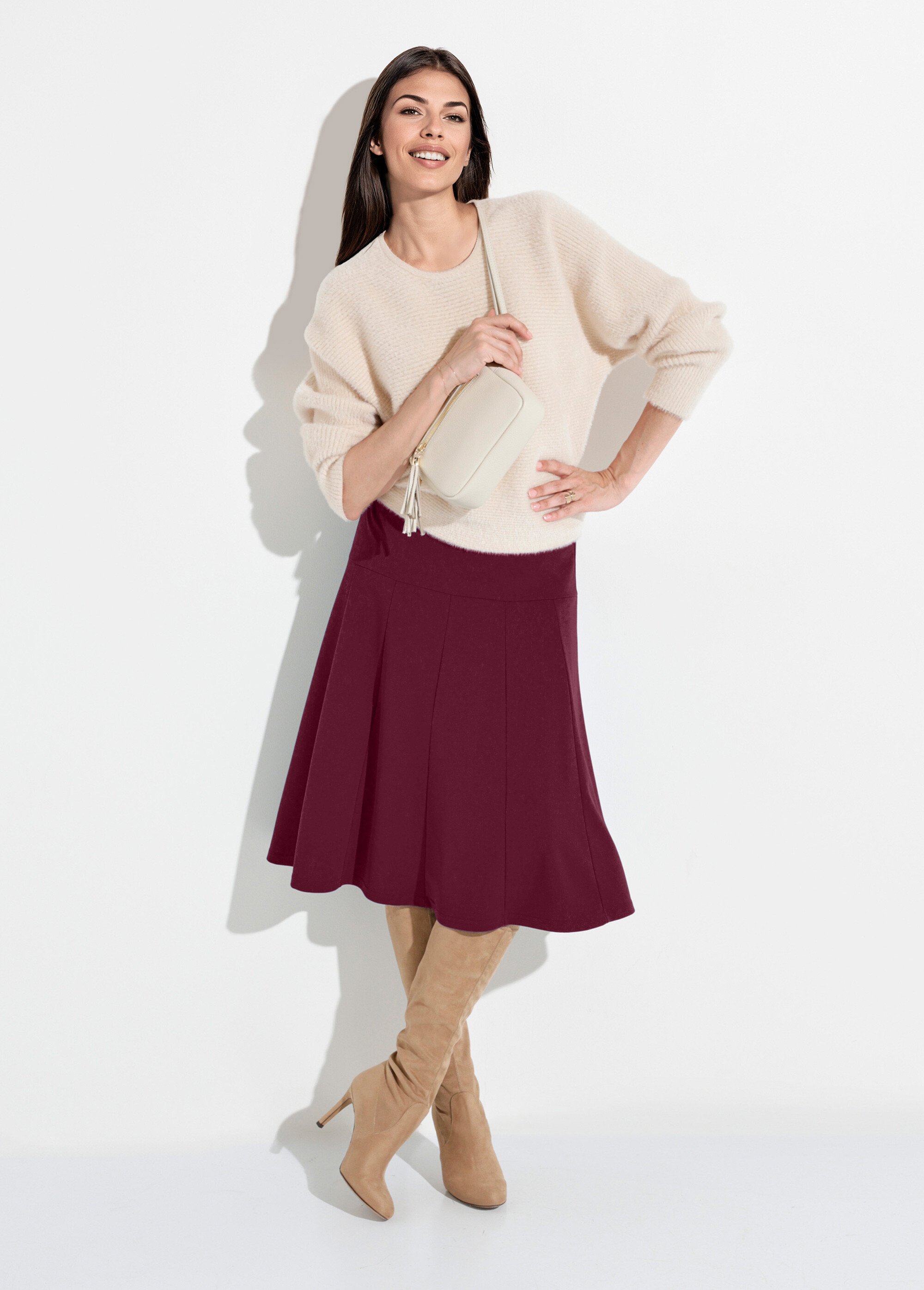 Jupe évasée mi longue unie taille élastiquée