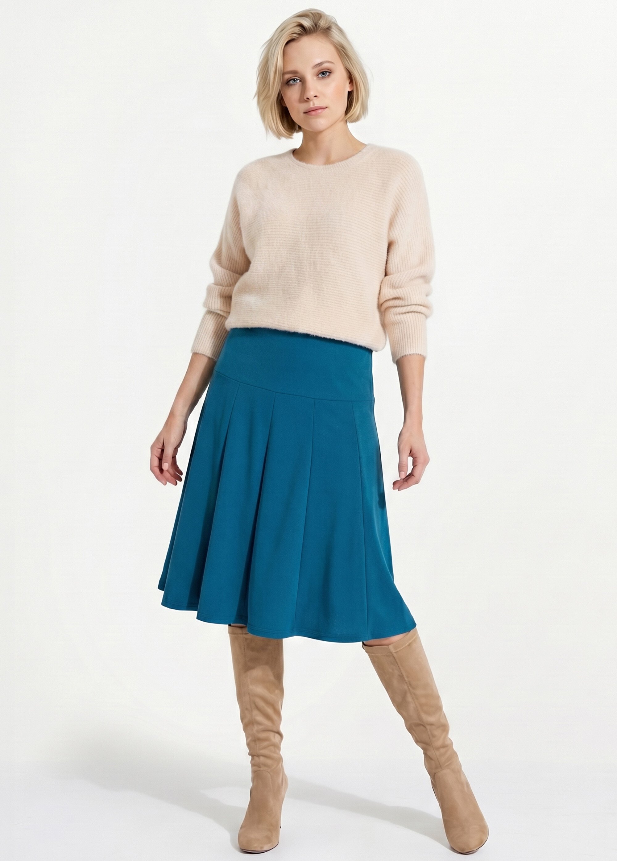Jupe évasée mi longue unie taille élastiquée Femme Bleu LOUPE MV1