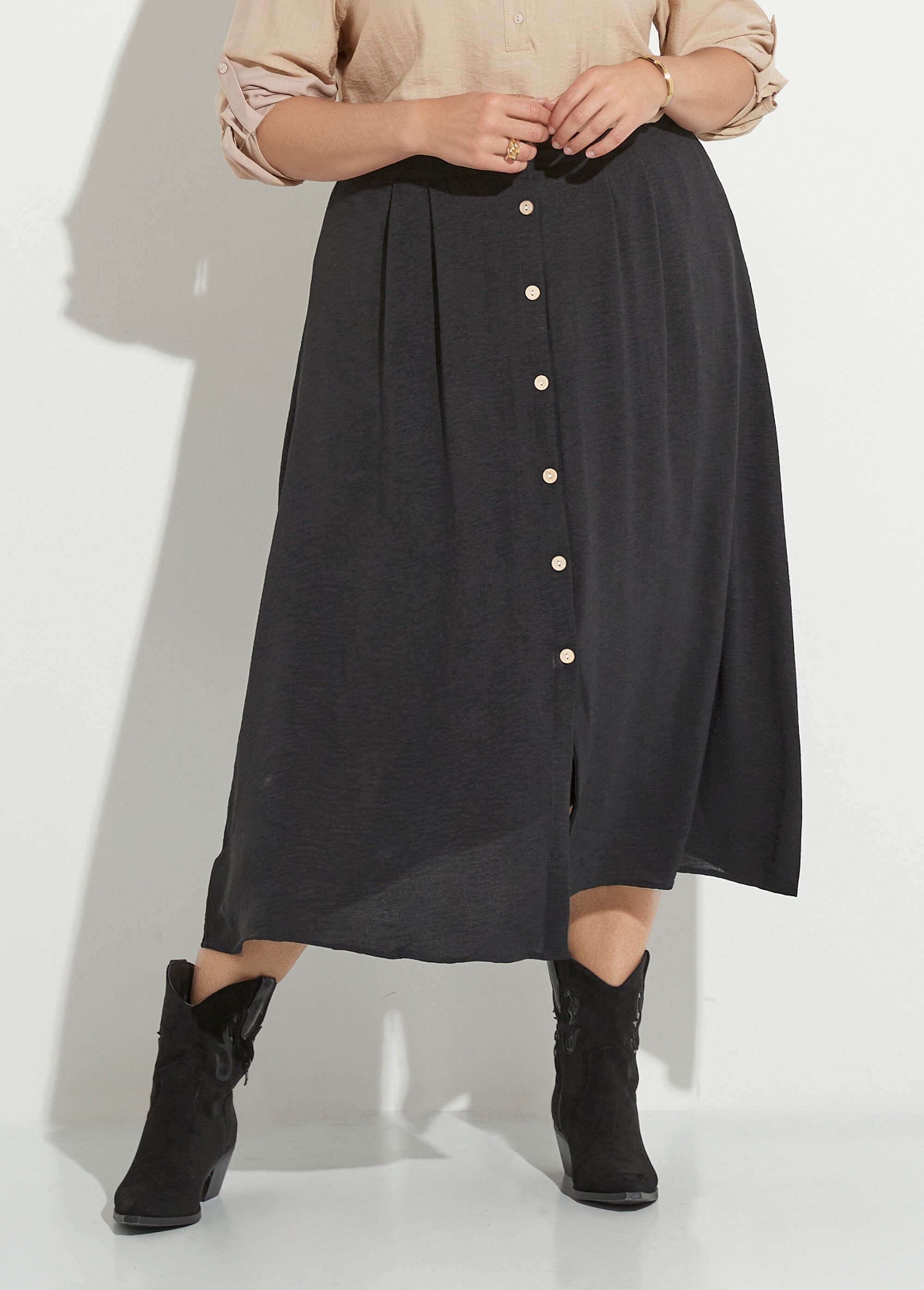 Jupe longue boutonnée taille élastiquée Femme Grande Taille Noir MAE-621-5-123 FA1