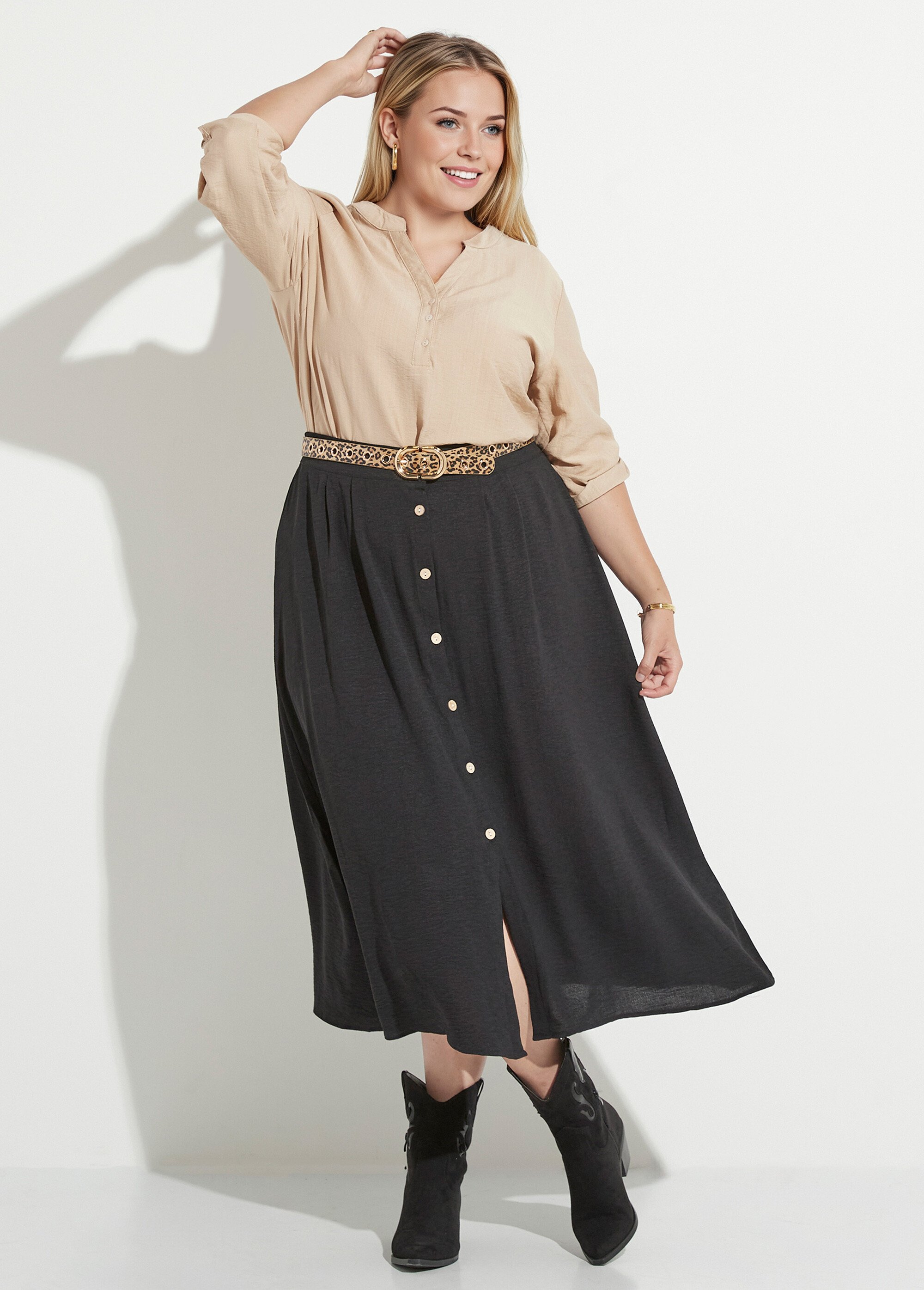 Jupe longue boutonnée taille élastiquée Femme Noir MAE-621-5-123 MV1
