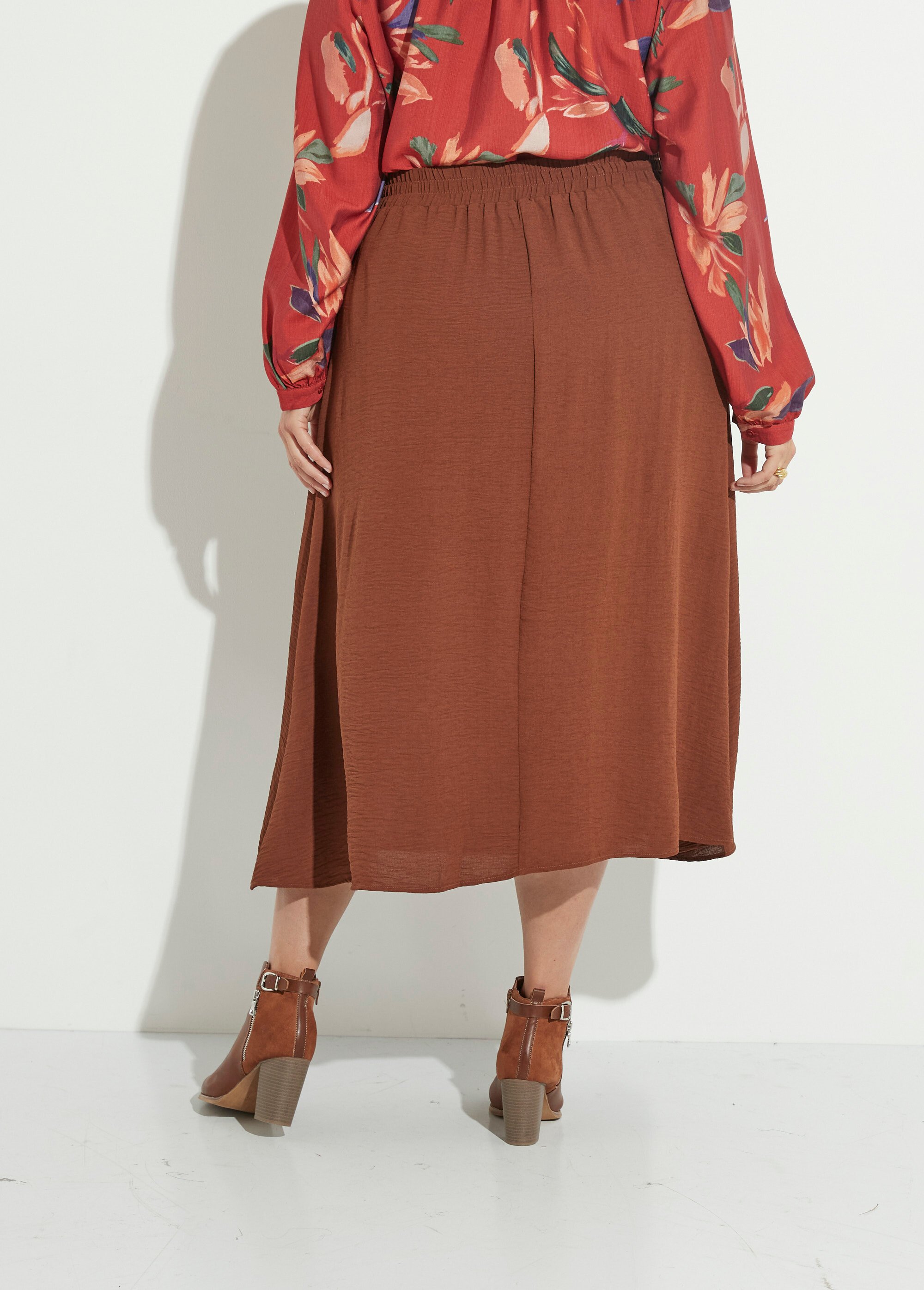 Jupe longue boutonnée taille élastiquée Femme Grande Taille Marron MAE-621-5-123 DO1