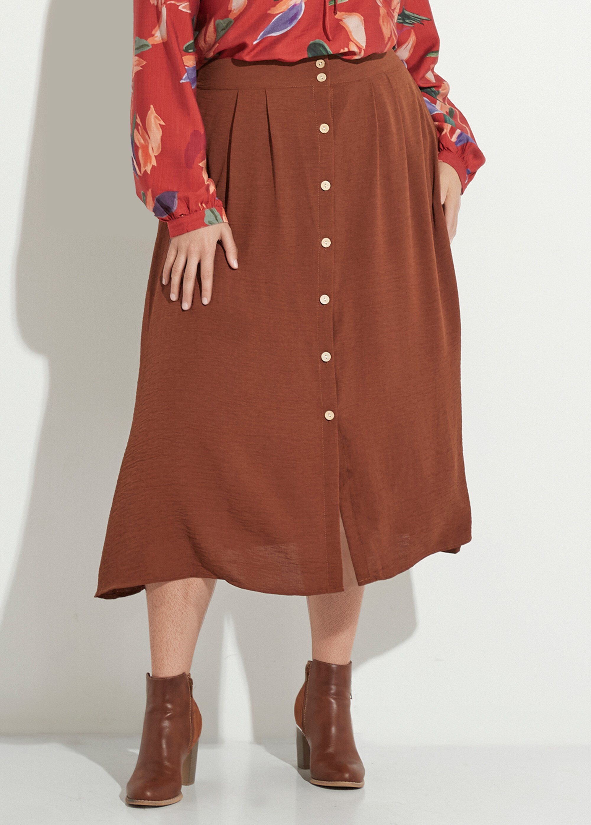 Jupe longue boutonnée taille élastiquée Femme Grande Taille Marron MAE-621-5-123 FA1