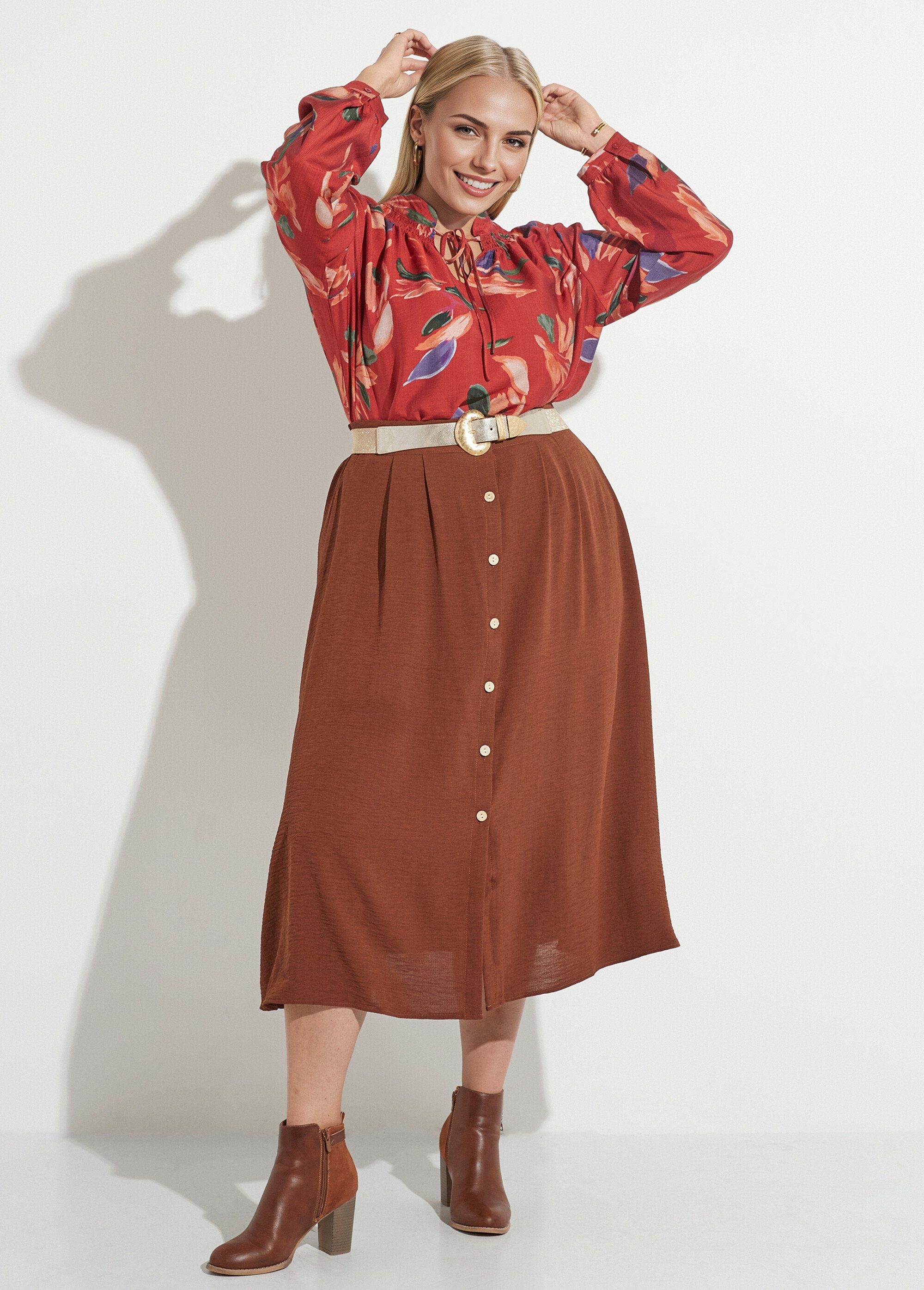 Jupe longue boutonnée taille élastiquée Femme Grande Taille Marron MAE-621-5-123 MV1