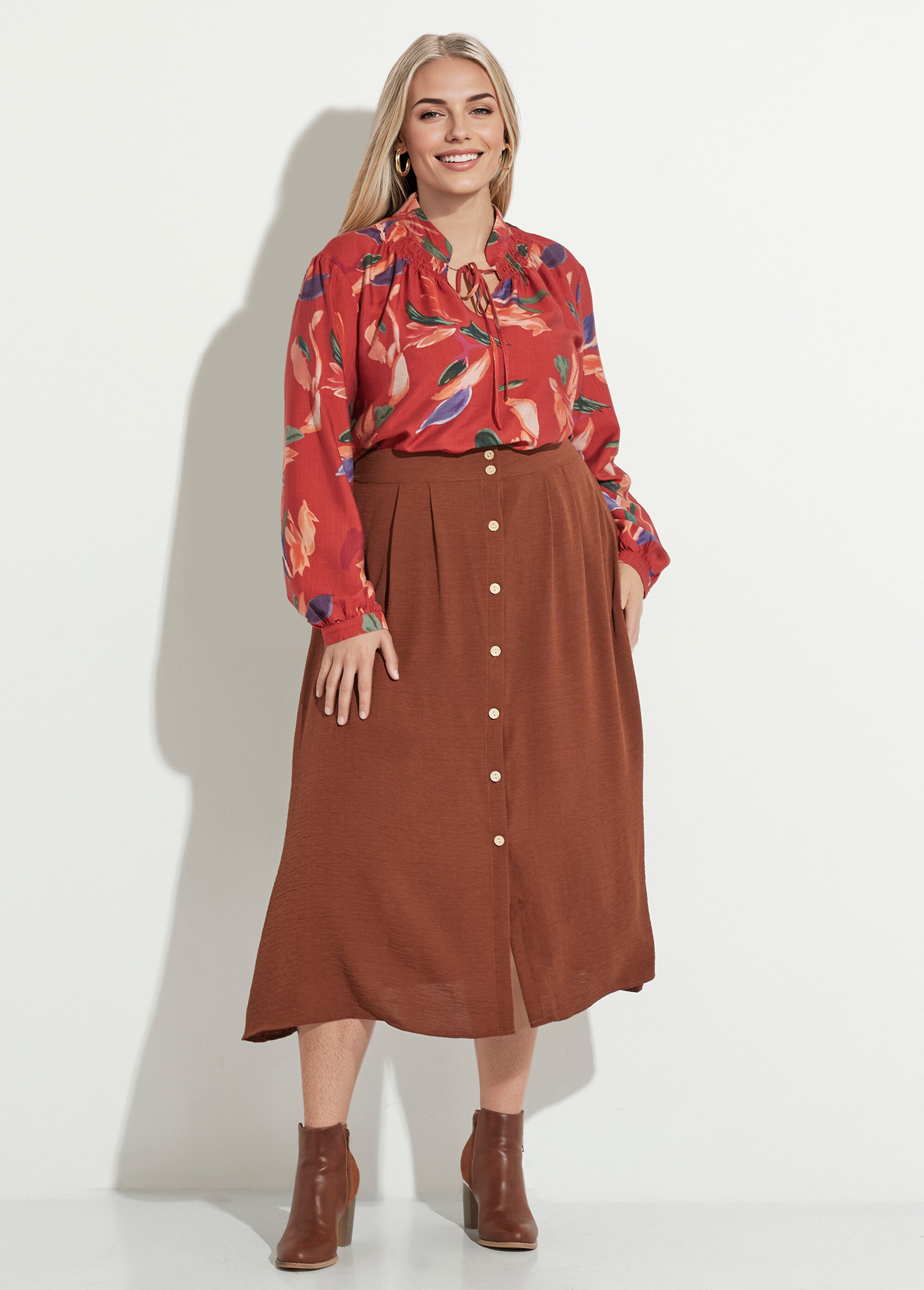 Jupe longue boutonnée taille élastiquée Femme Grande Taille Marron MAE-621-5-123 SF1