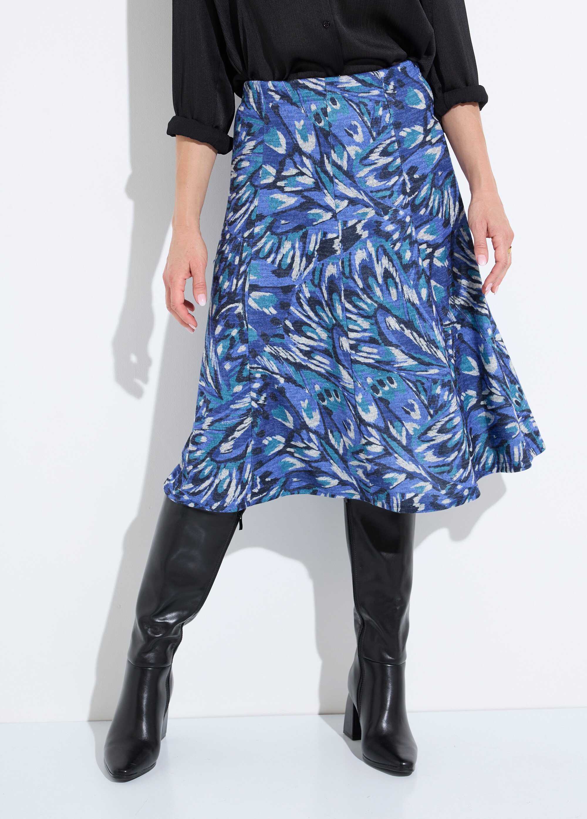 Jupe mi longue évasée maille chaude imprimée Femme Bleu LOUNA FA1