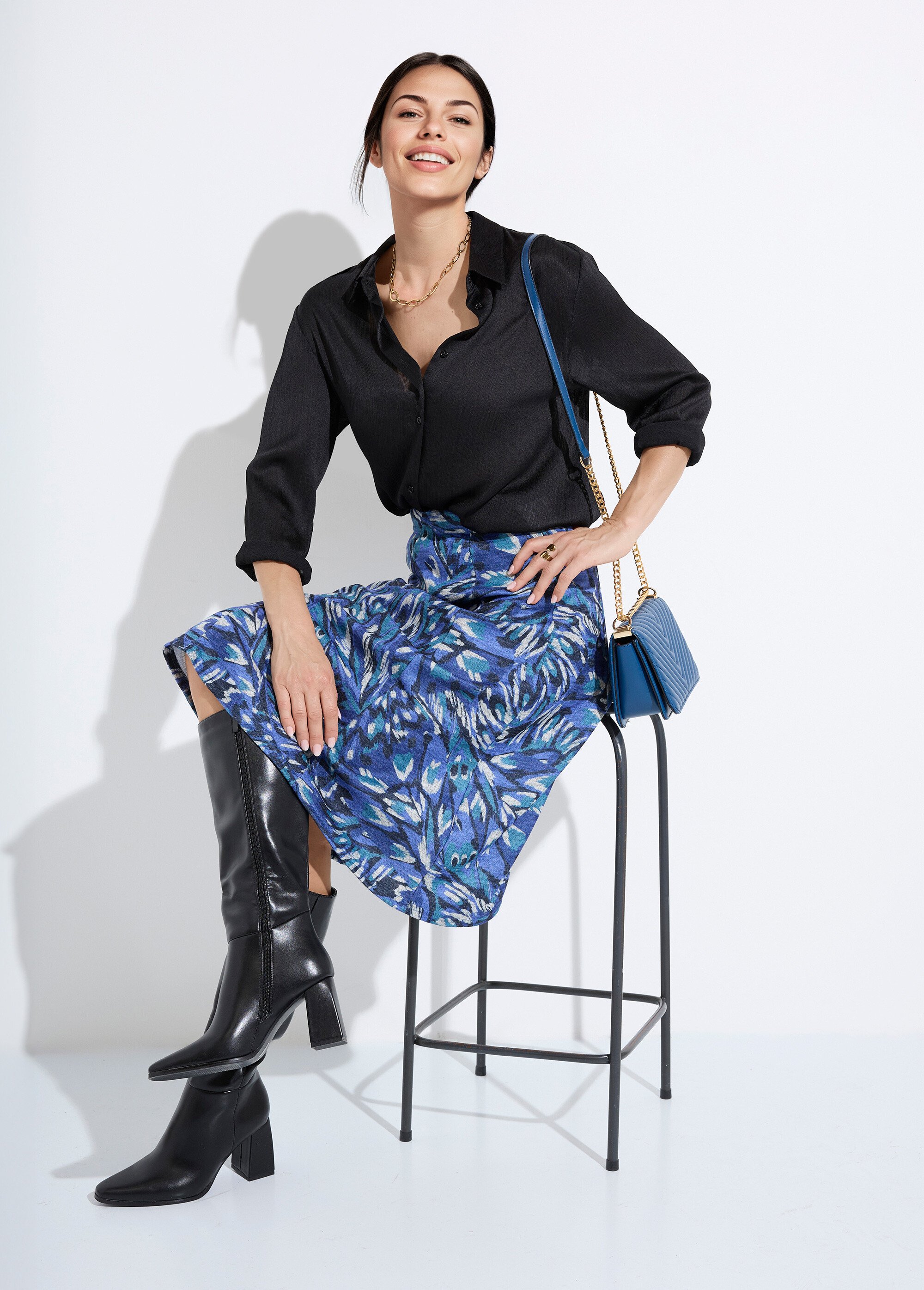 Jupe mi longue évasée maille chaude imprimée Femme Bleu LOUNA MV1