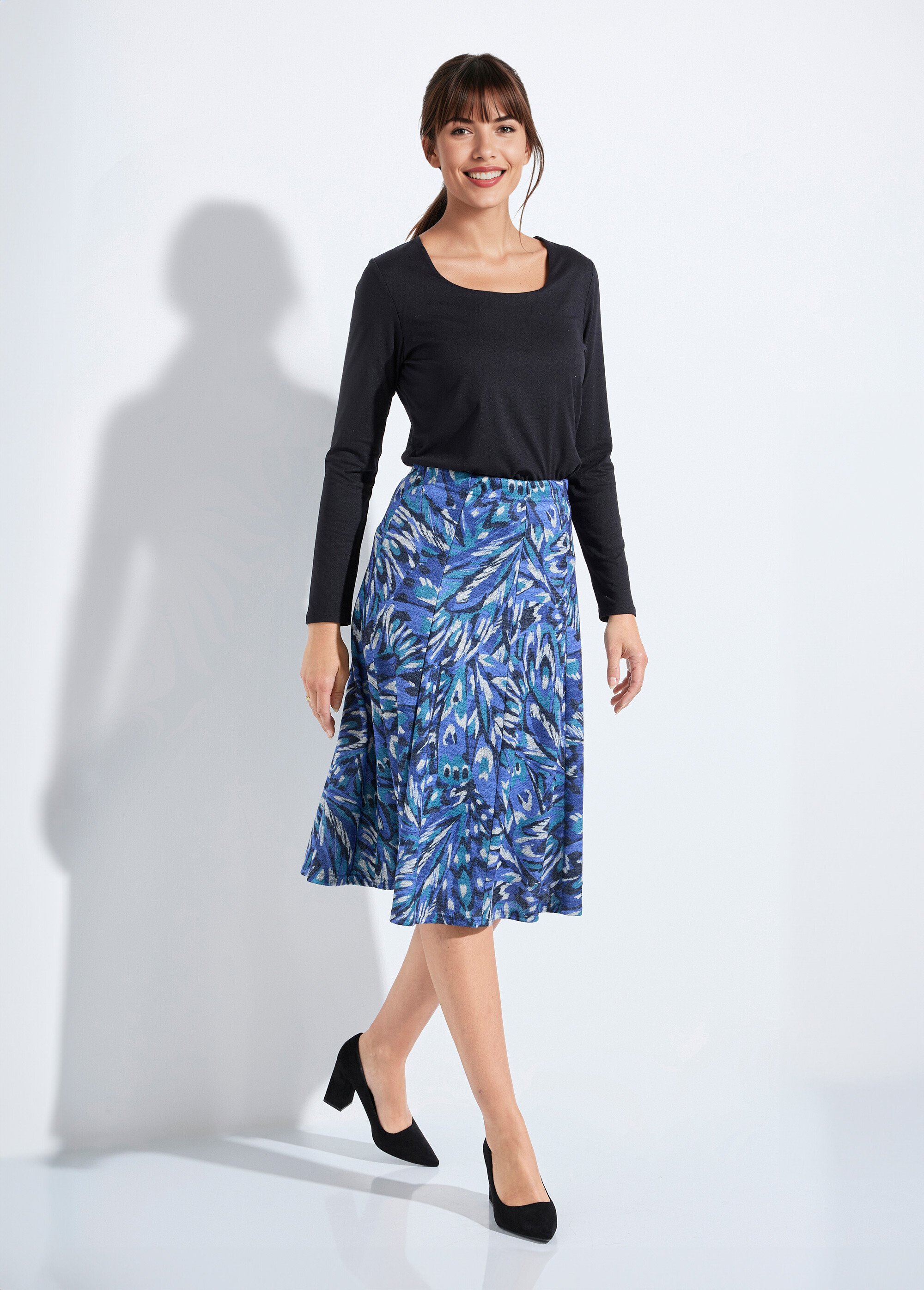 Jupe mi longue évasée maille chaude imprimée Femme Bleu LOUNA SF1