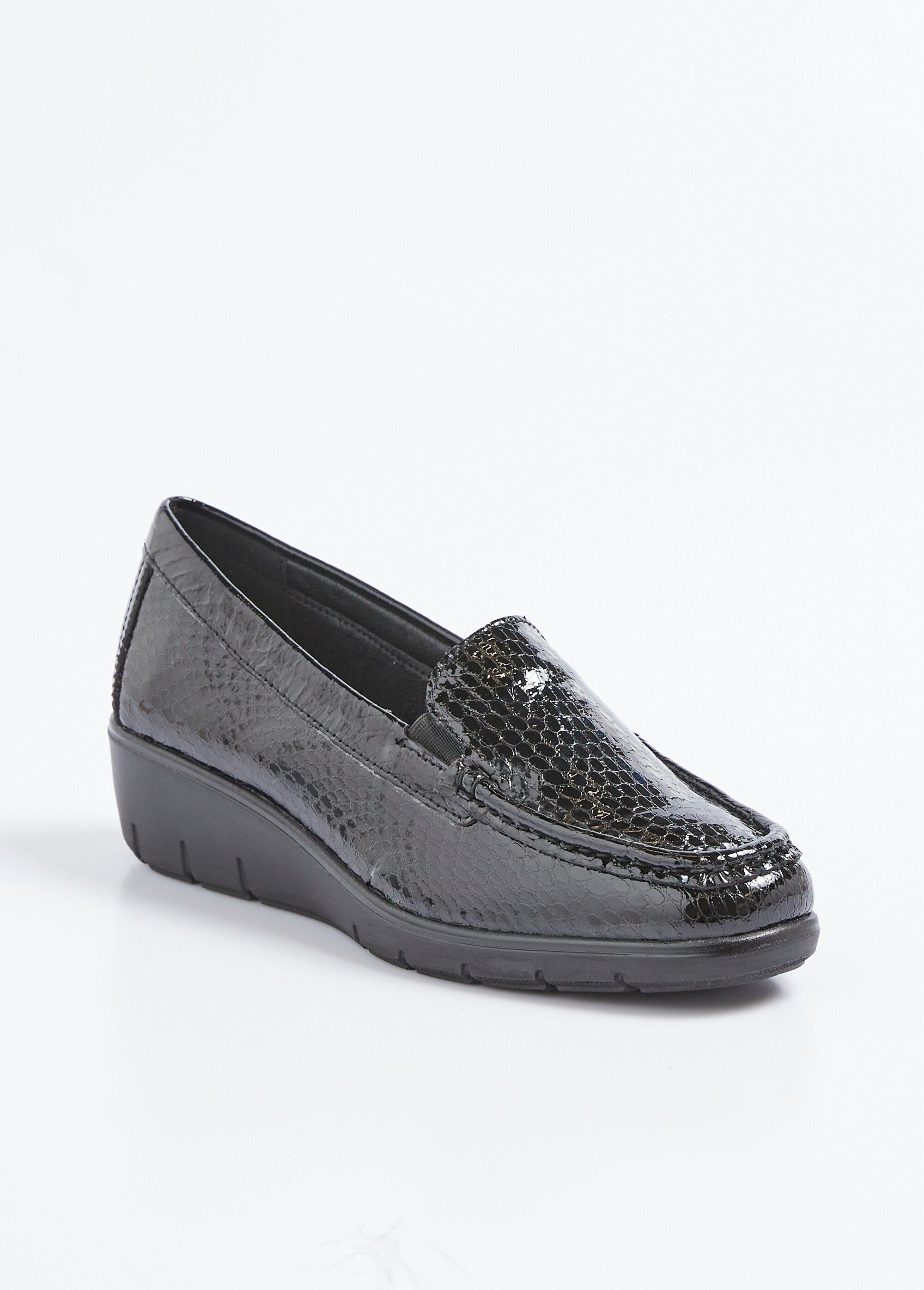 Mocassins confort en cuir verni reptile Femme Noir TOMLESLY503 FA1