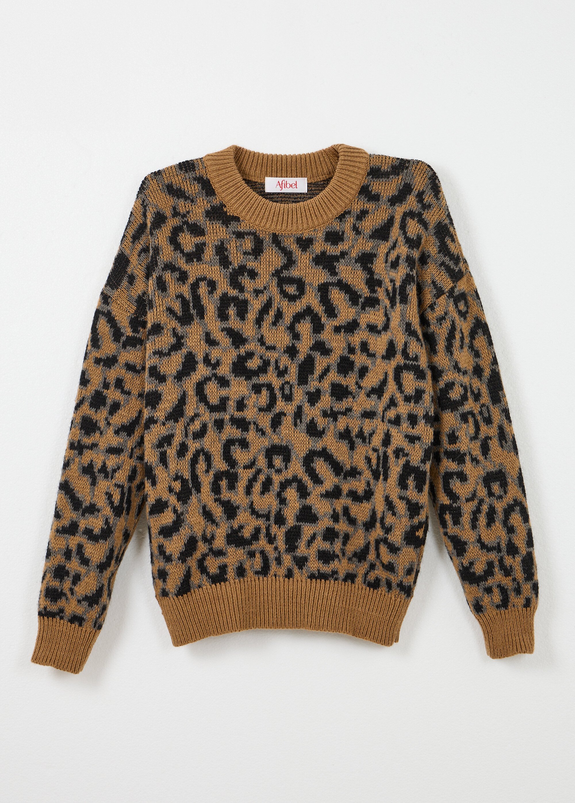 Pull motif léopard col montant manches longues Femme CAMEL ET NOIR PABLITO AP1