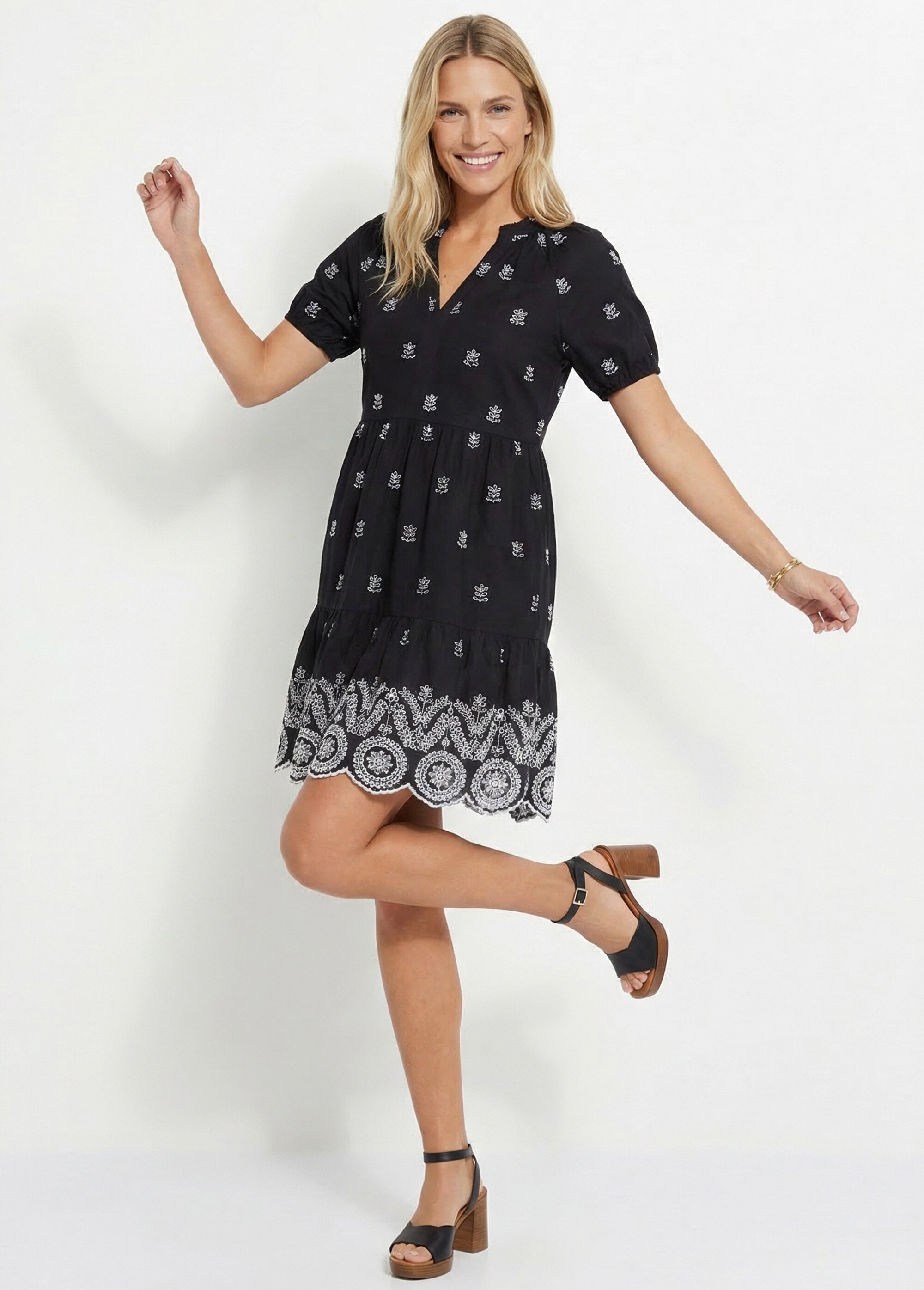 Robe courte ample coton brodé Femme Noir EVORINE MV1