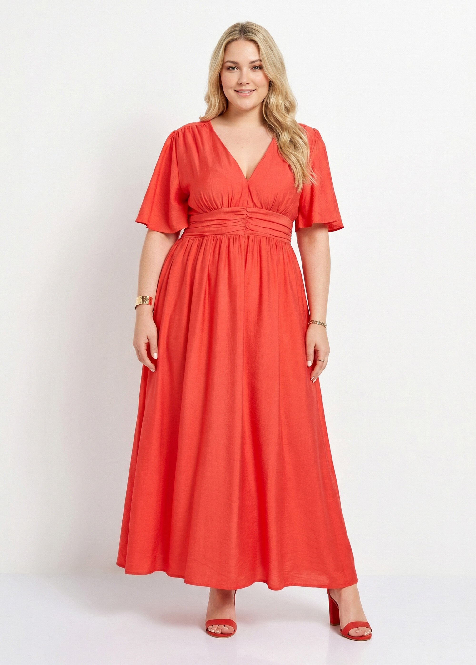 Robe longue taille empire, décolleté V Femme Grande Taille Rouge MAE-M057-5-1539 FA1