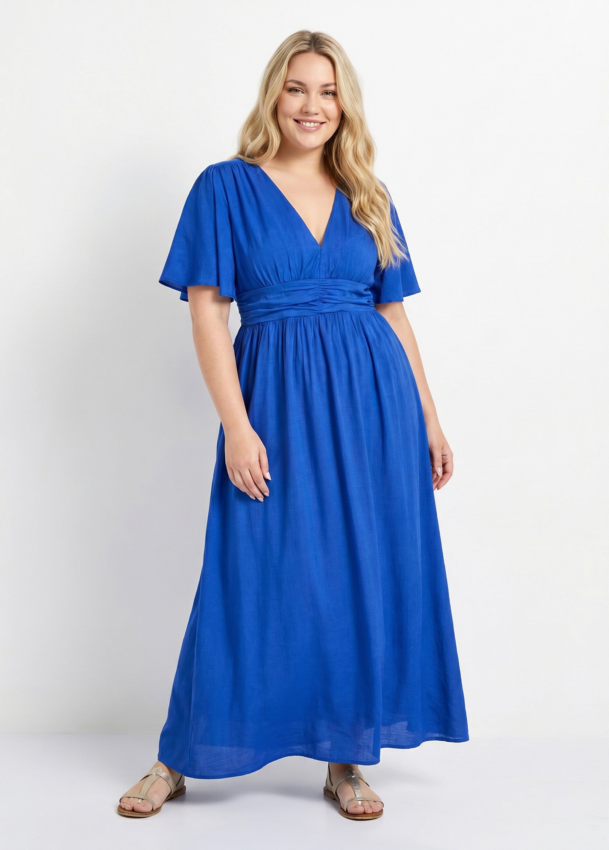 Robe longue taille empire, décolleté V Femme Grande Taille Bleu MAE-M057-5-1539 FA1