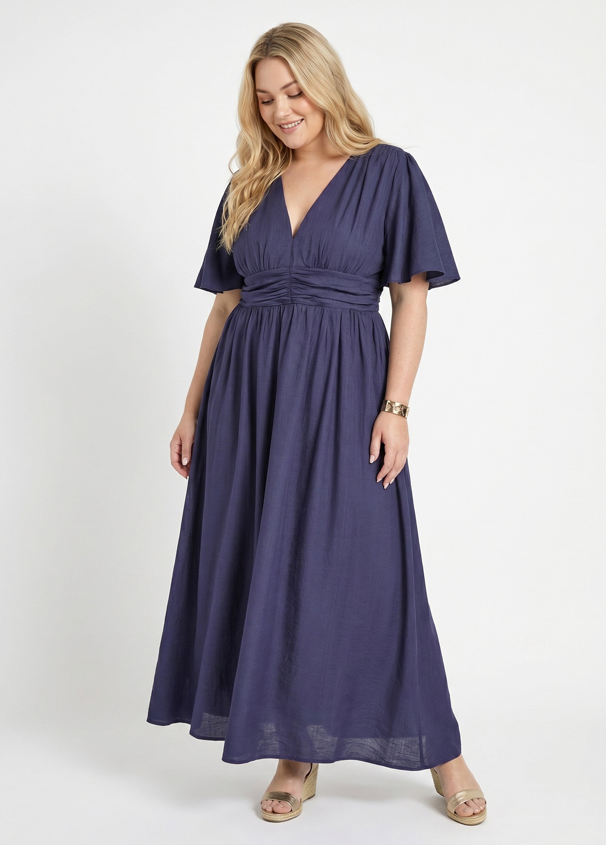Robe longue taille empire, décolleté V Femme Grande Taille Bleu MAE-M057-5-1539 FA1