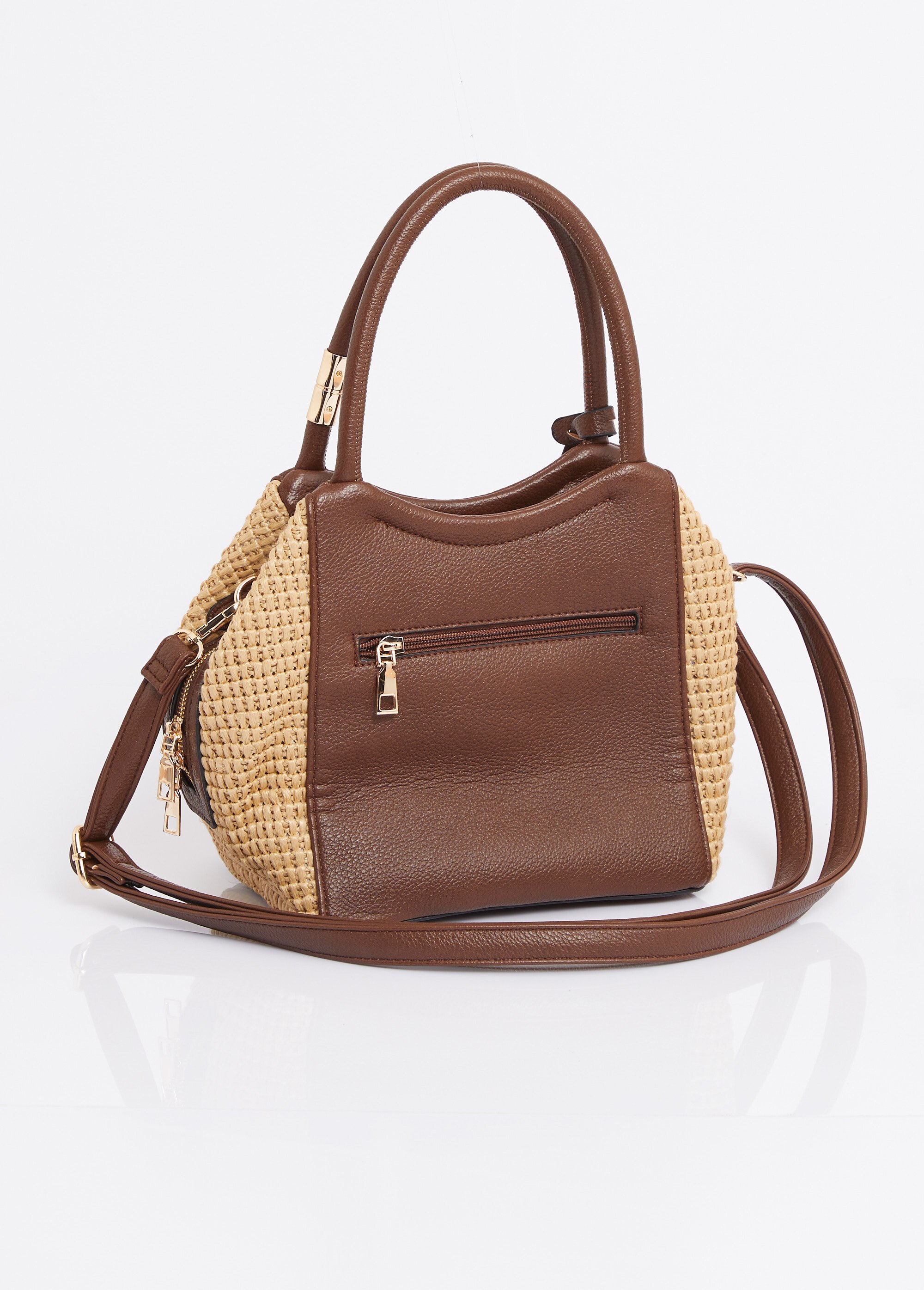 Sac à main aspect raphia et simili cuir Femme Marron MIM26271 FA1