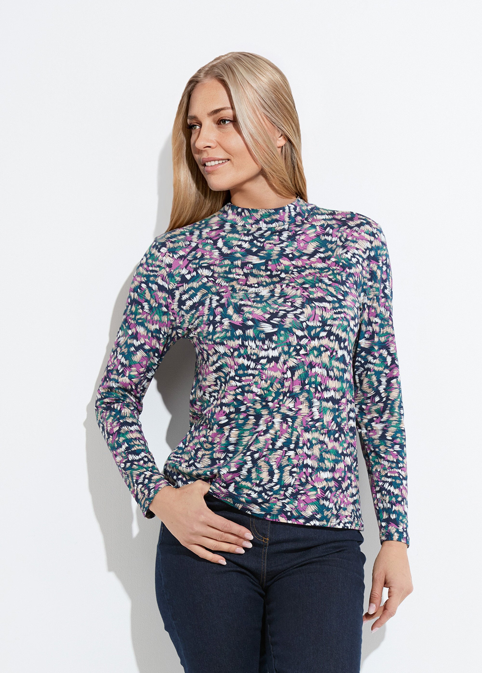 Sous-pull imprimé col montant manches longues Femme Bleu CYBILLE FA1