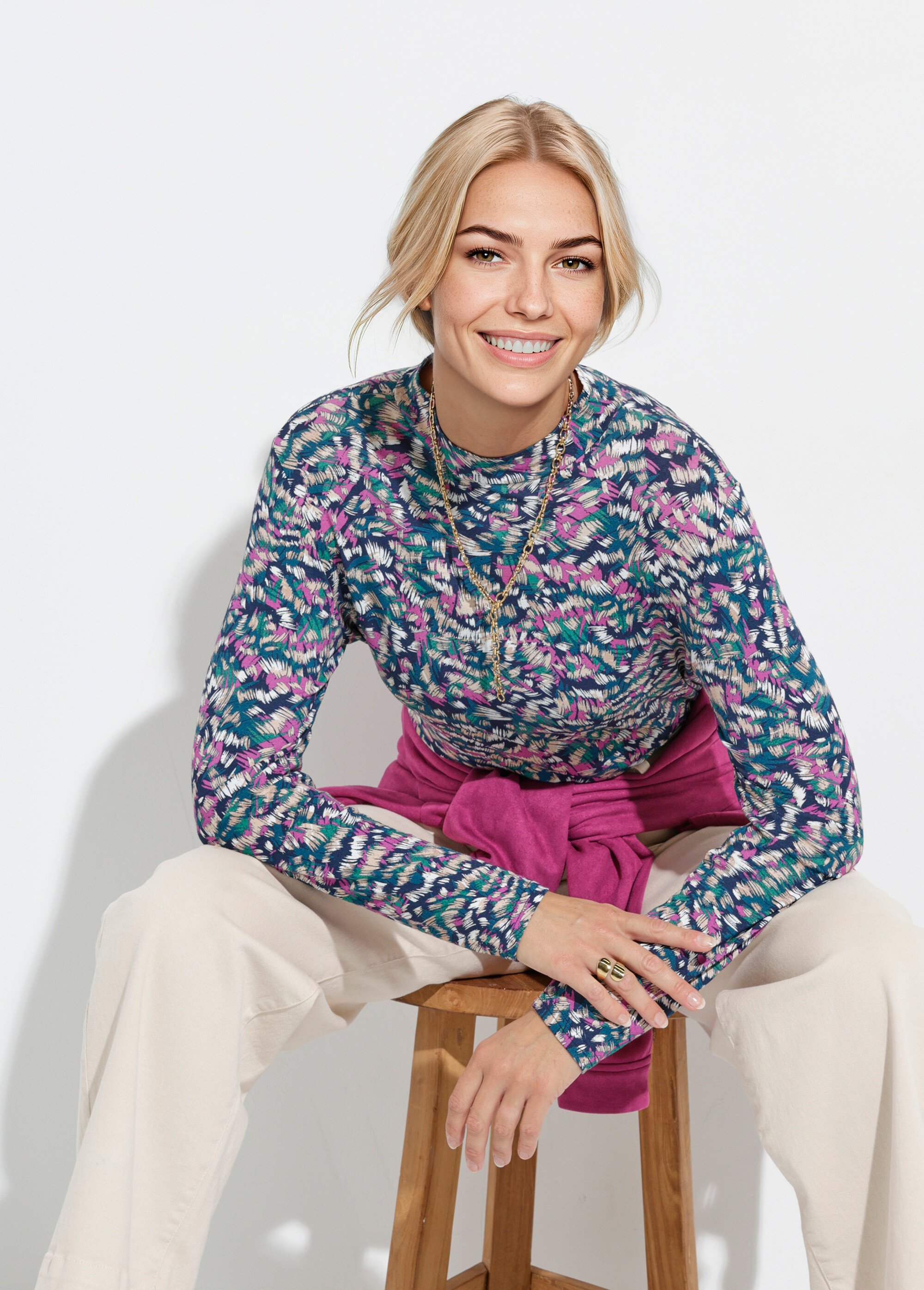 Sous-pull imprimé col montant manches longues Femme Bleu CYBILLE MV1