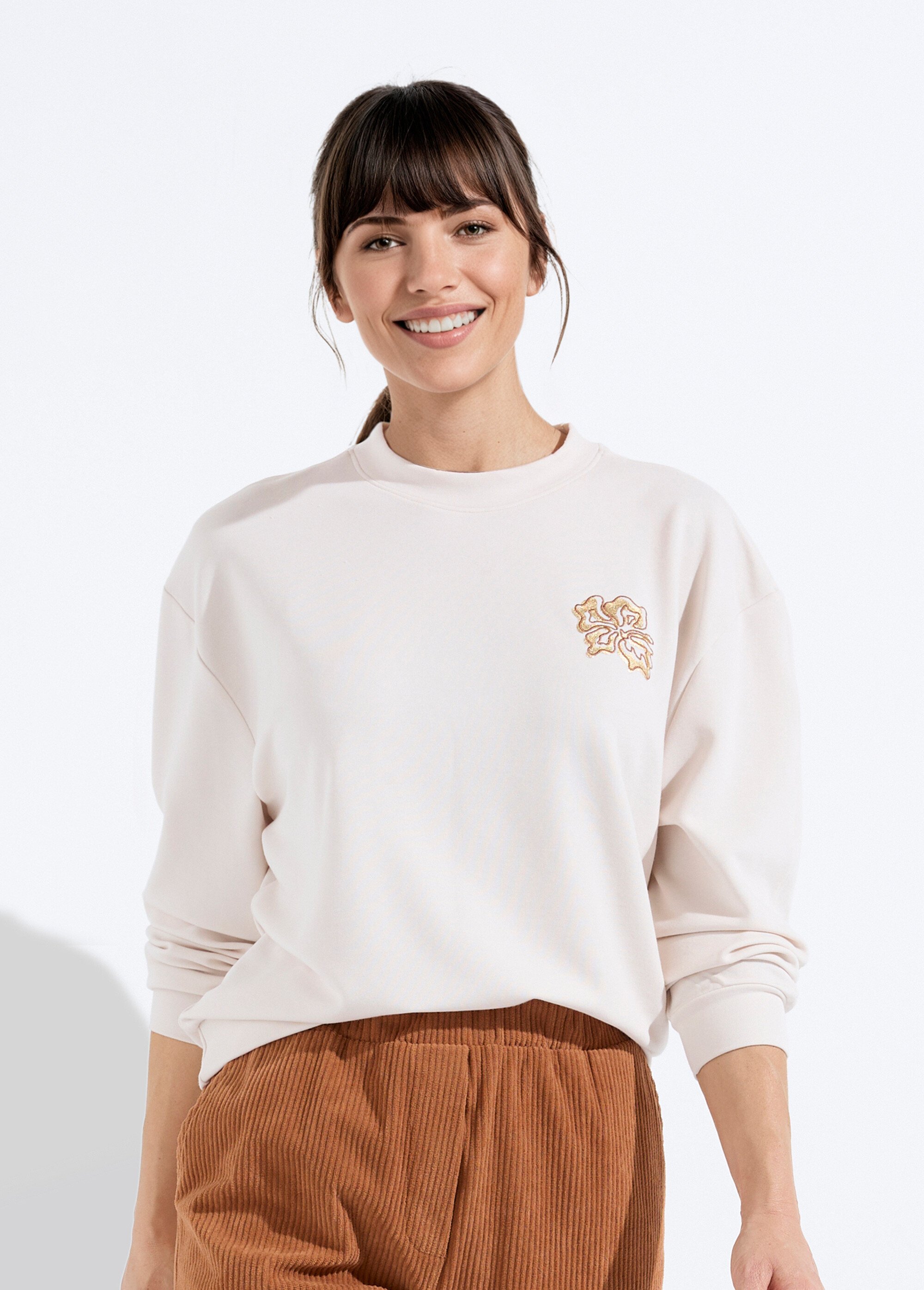 Sweat volume boite molleton brodé détail brillant Beige PEGGIE FA1
