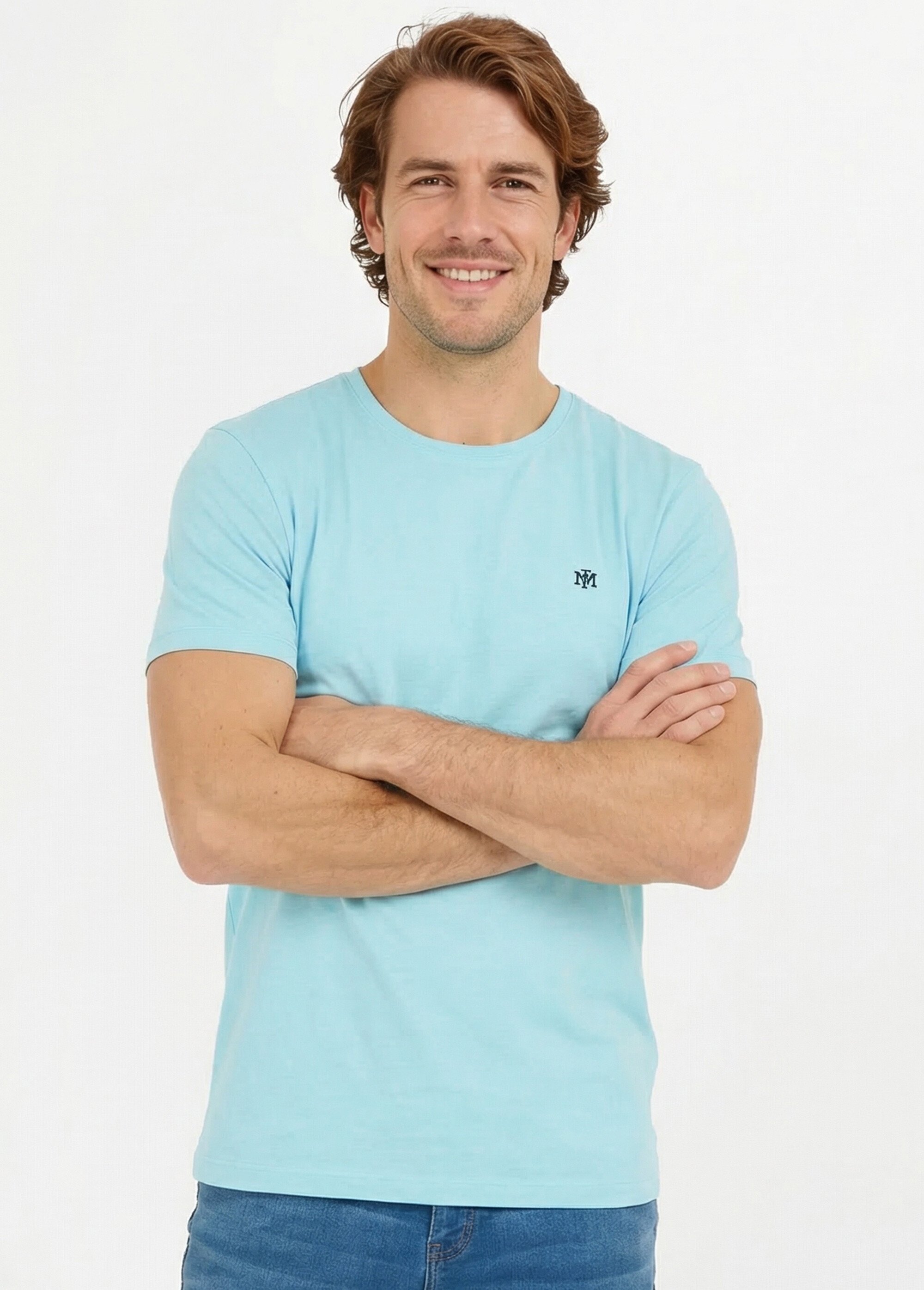 T-shirt col rond brodé manches courtes Homme BLEU CIEL FABIAN MV1