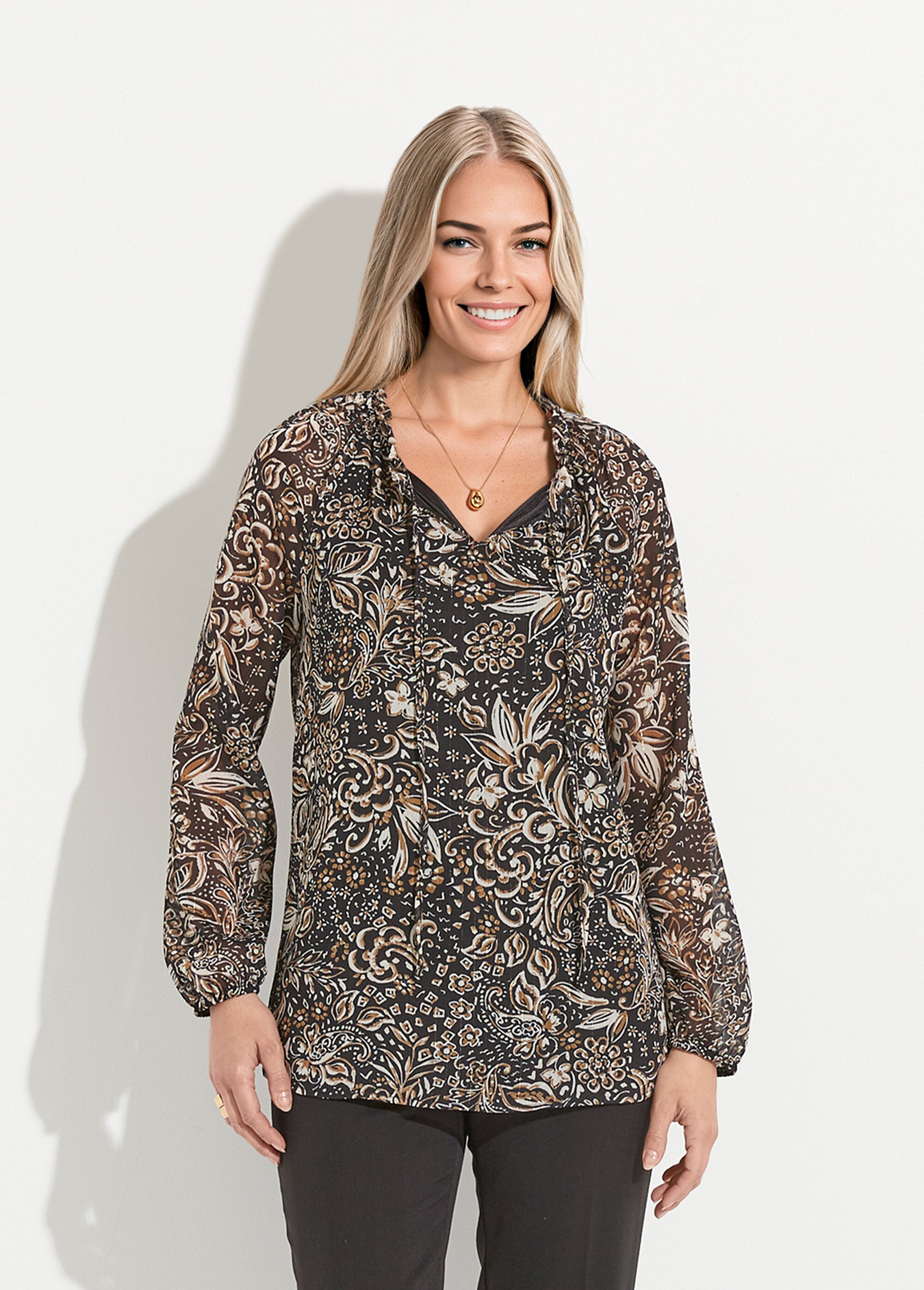 Tunique longue voile fleuri brillant col volanté Femme IMP NOIR CLEMENT FA1