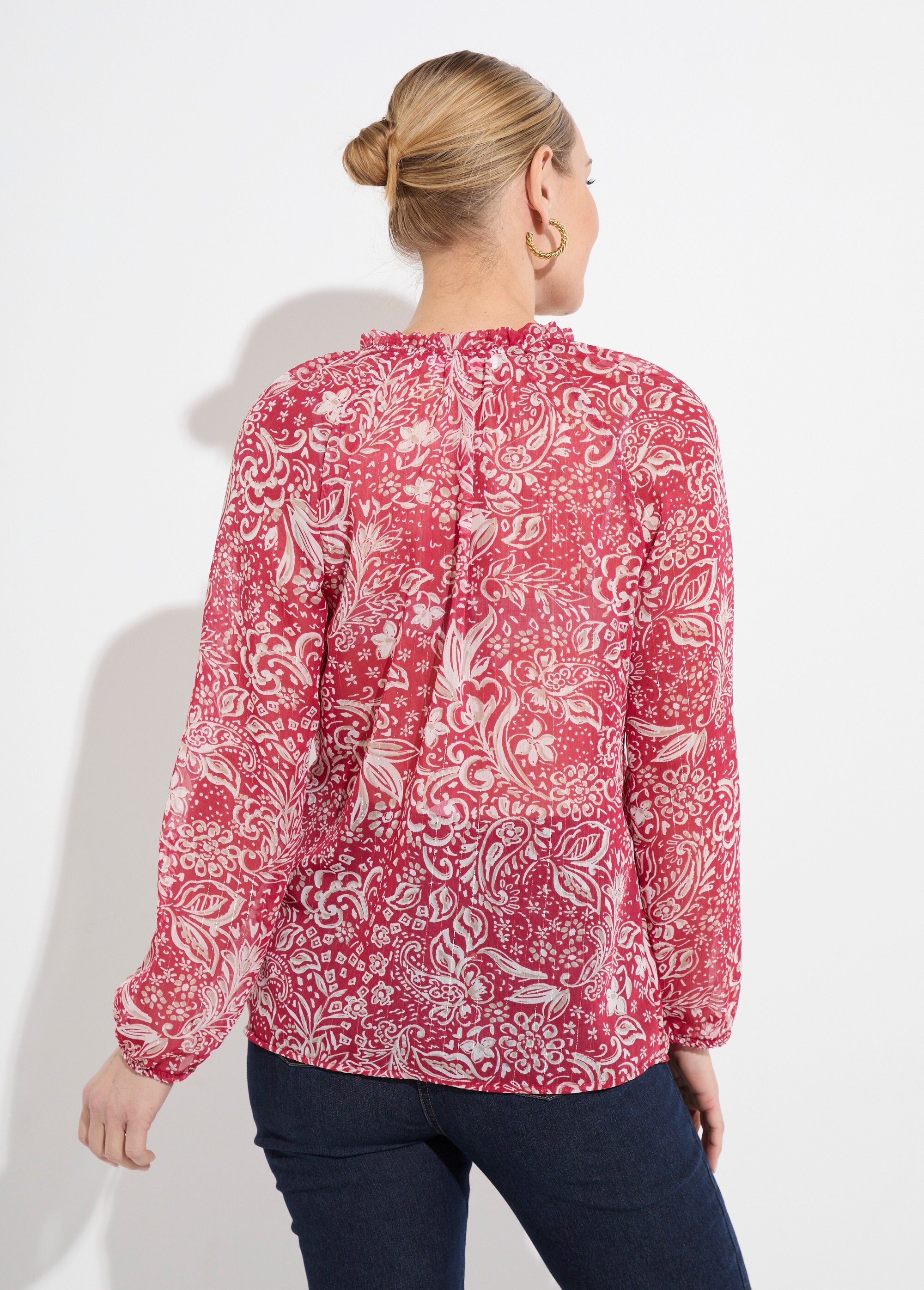 Tunique longue voile fleuri brillant col volanté