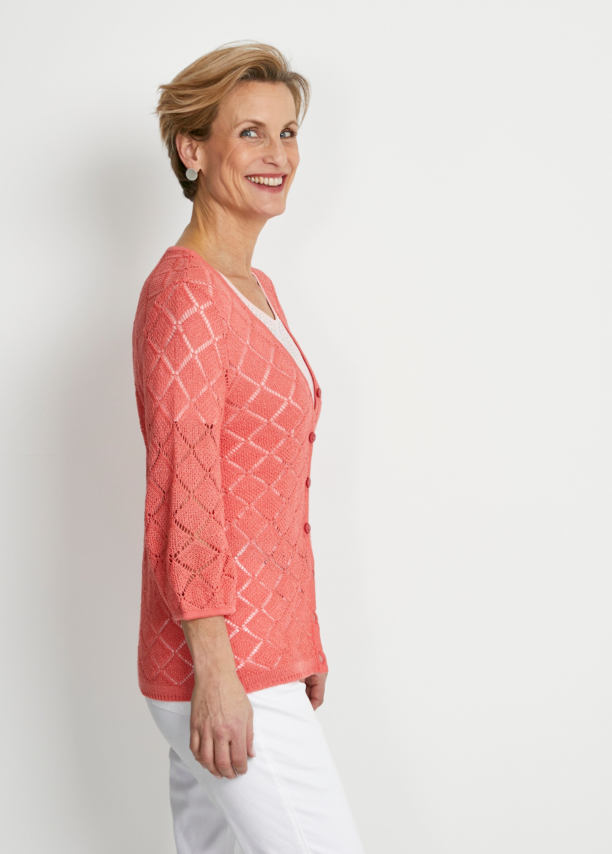 Gilet col V boutonné court ajouré Femme Rose MADIRAC DR1
