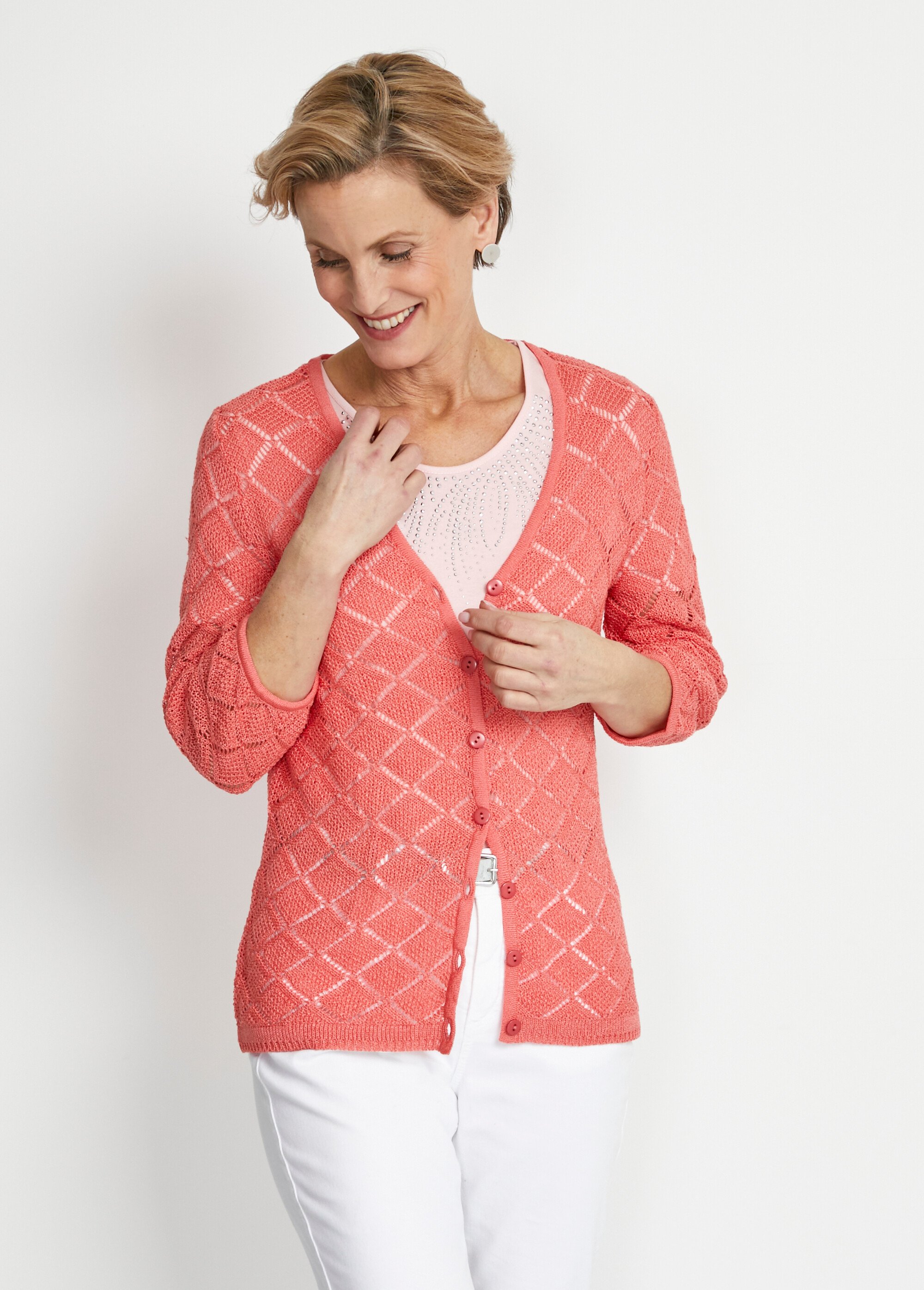 Gilet col V boutonné court ajouré