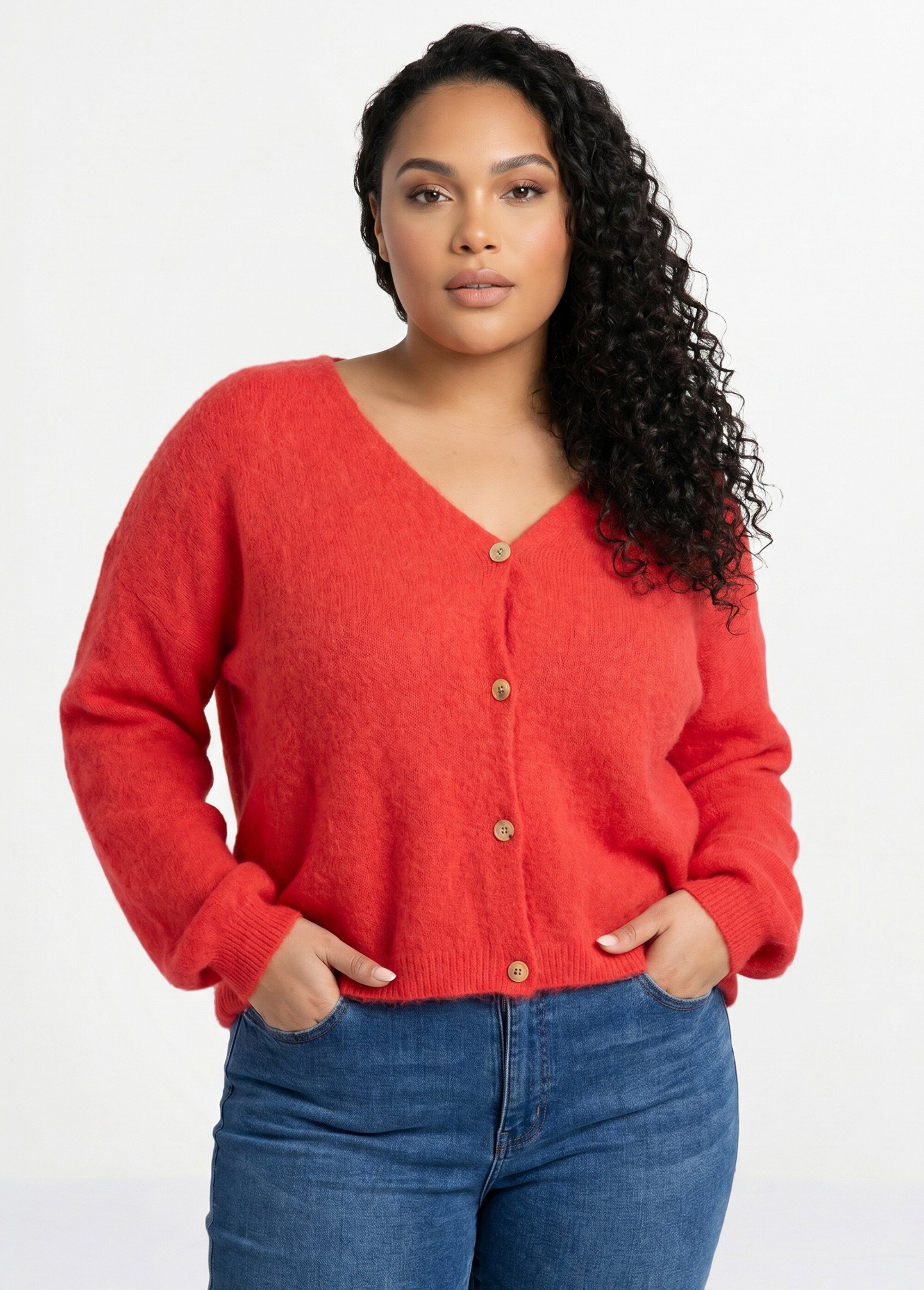 Gilet maille avec alpaga, col V Femme Grande Taille Rose MAE-31795 FA1
