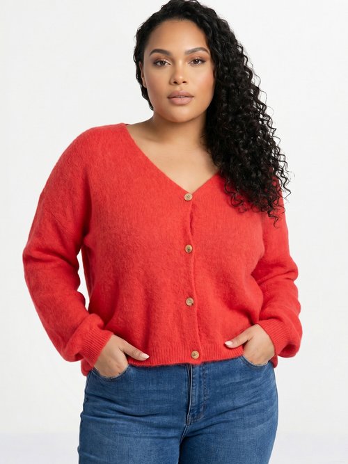 Gilet maille avec alpaga, col V Femme Grande Taille Rose MAE-31795 FA1